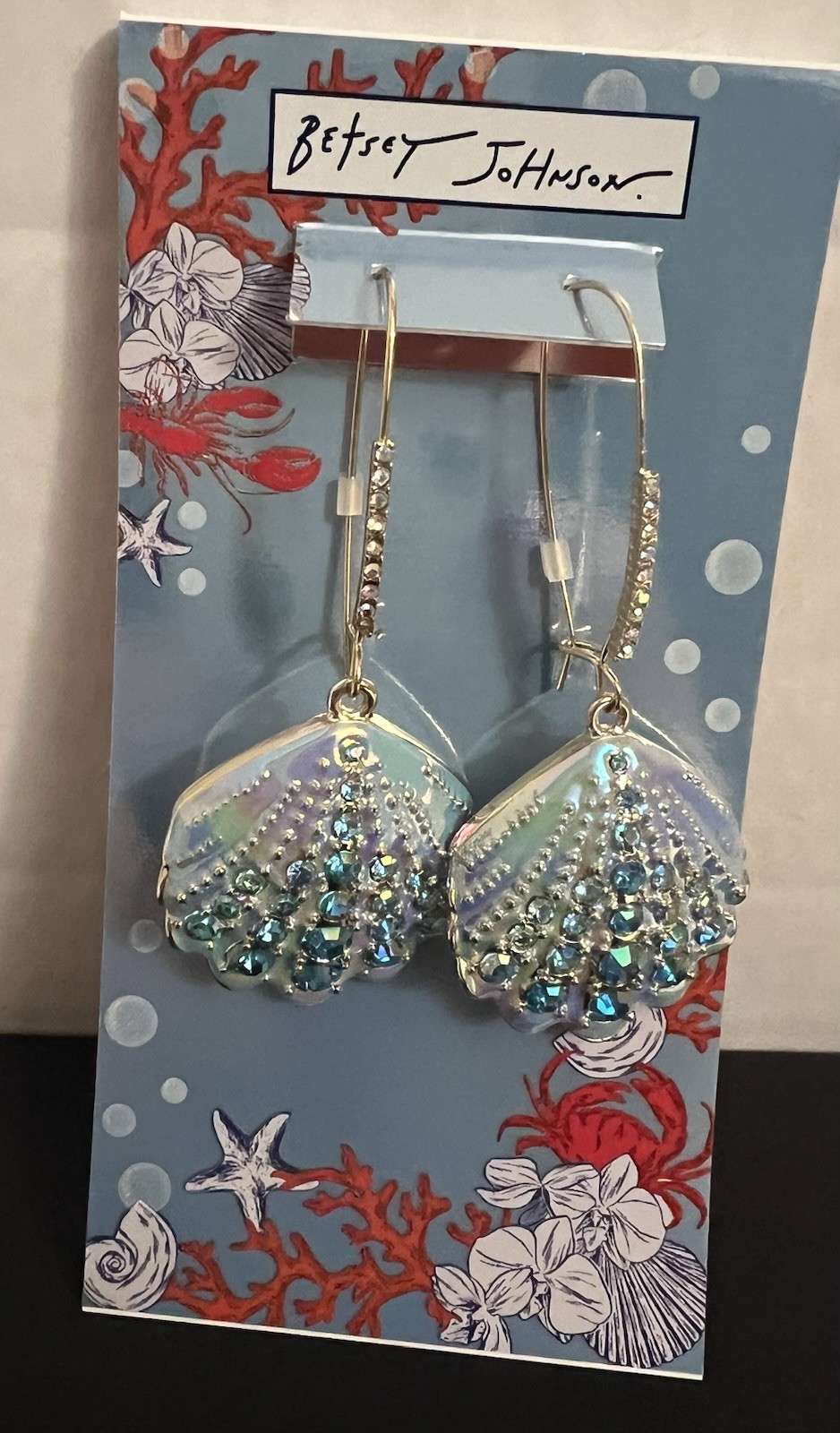 Betsey Johnson Earrings Iridescent Seashell Mermaid Drop NWT Crystal Dangle