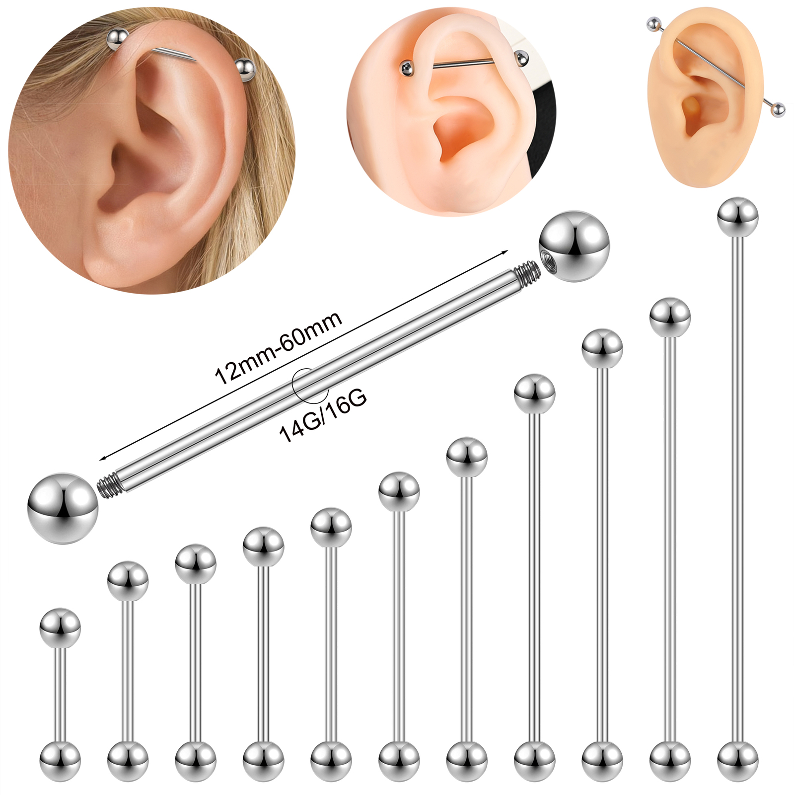 1 Pc Stainless Steel Long Industrial Barbell Piercing Cartilage Earring Jewelry