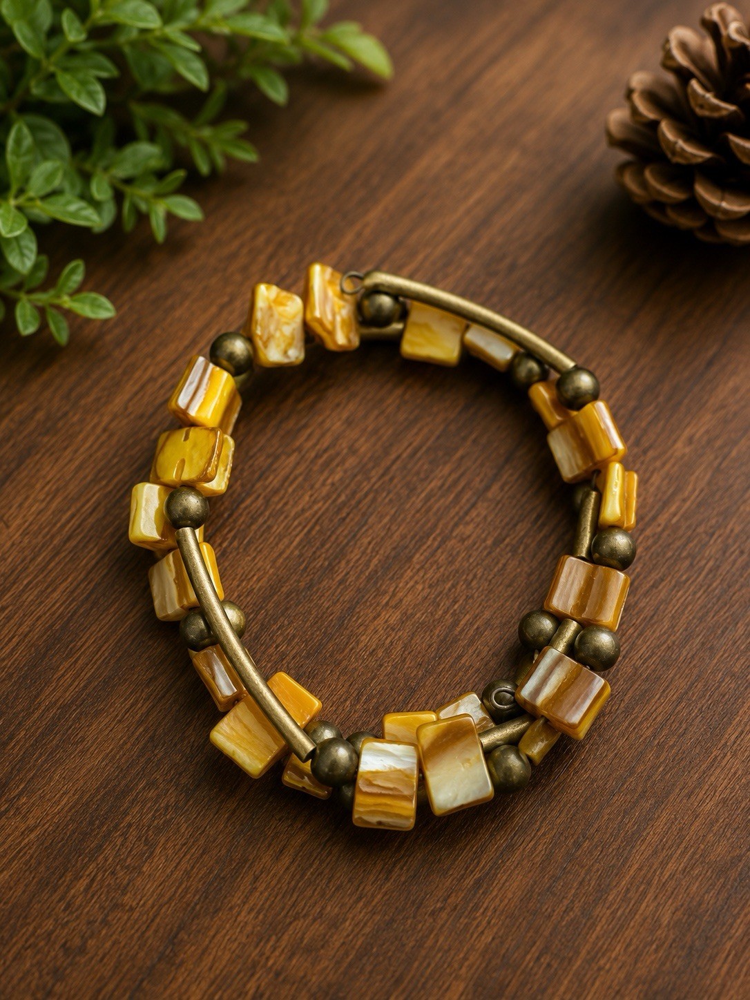 Boho Wrap Bracelet Yellow Tiger Eye Stone Look Antique Brass Beaded Stretch