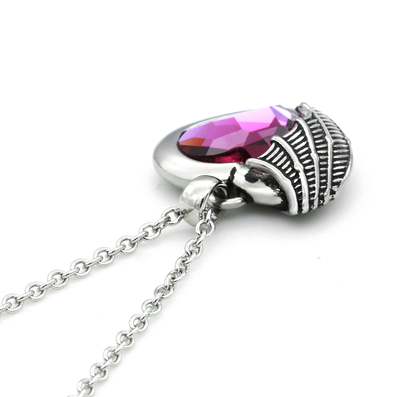 Stainless Steel Heart Necklace with Purple Crystal and single Angel Wing Design