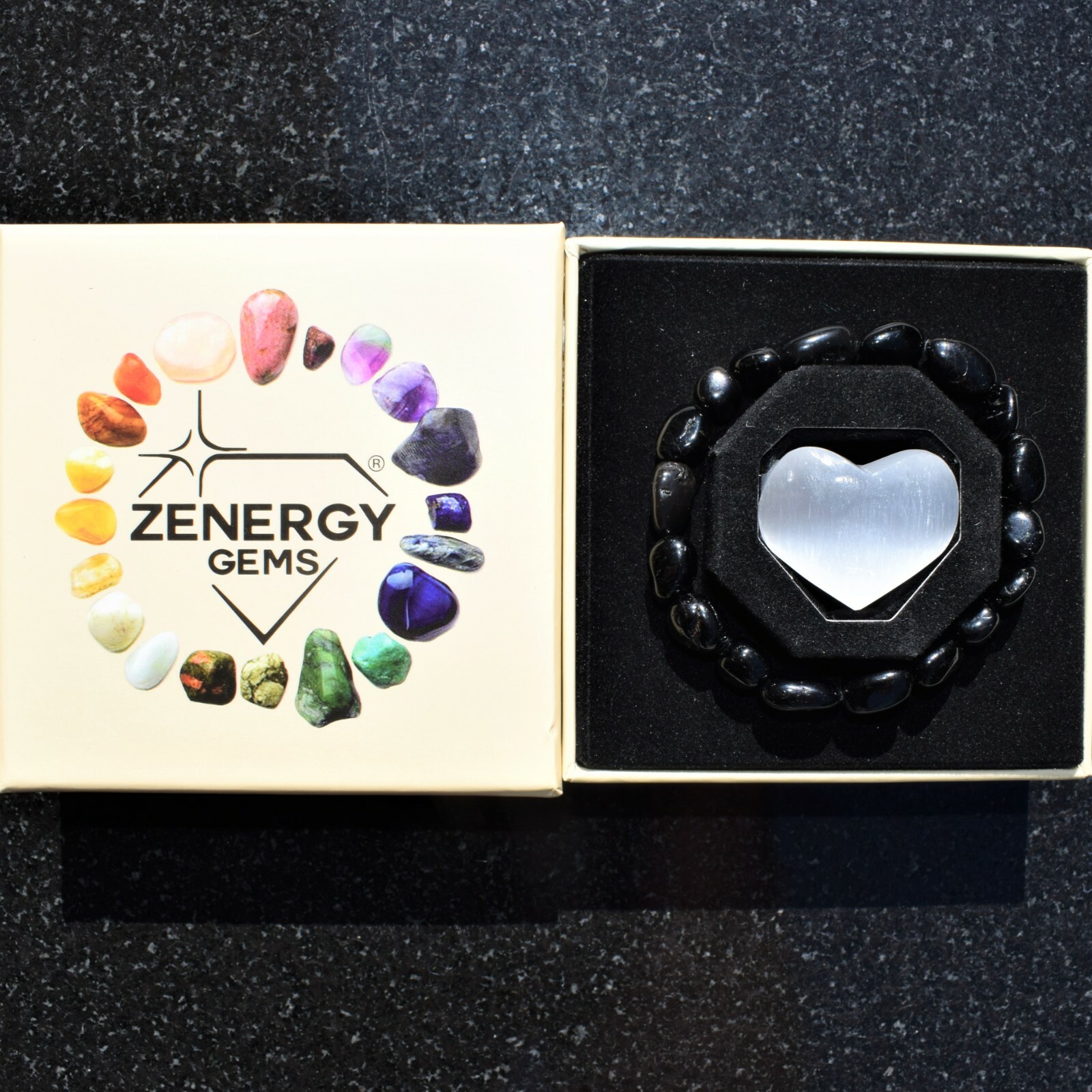 CHARGED 6″ Natural Black Tourmaline Crystal Stretchy Bracelet + Selenite Heart