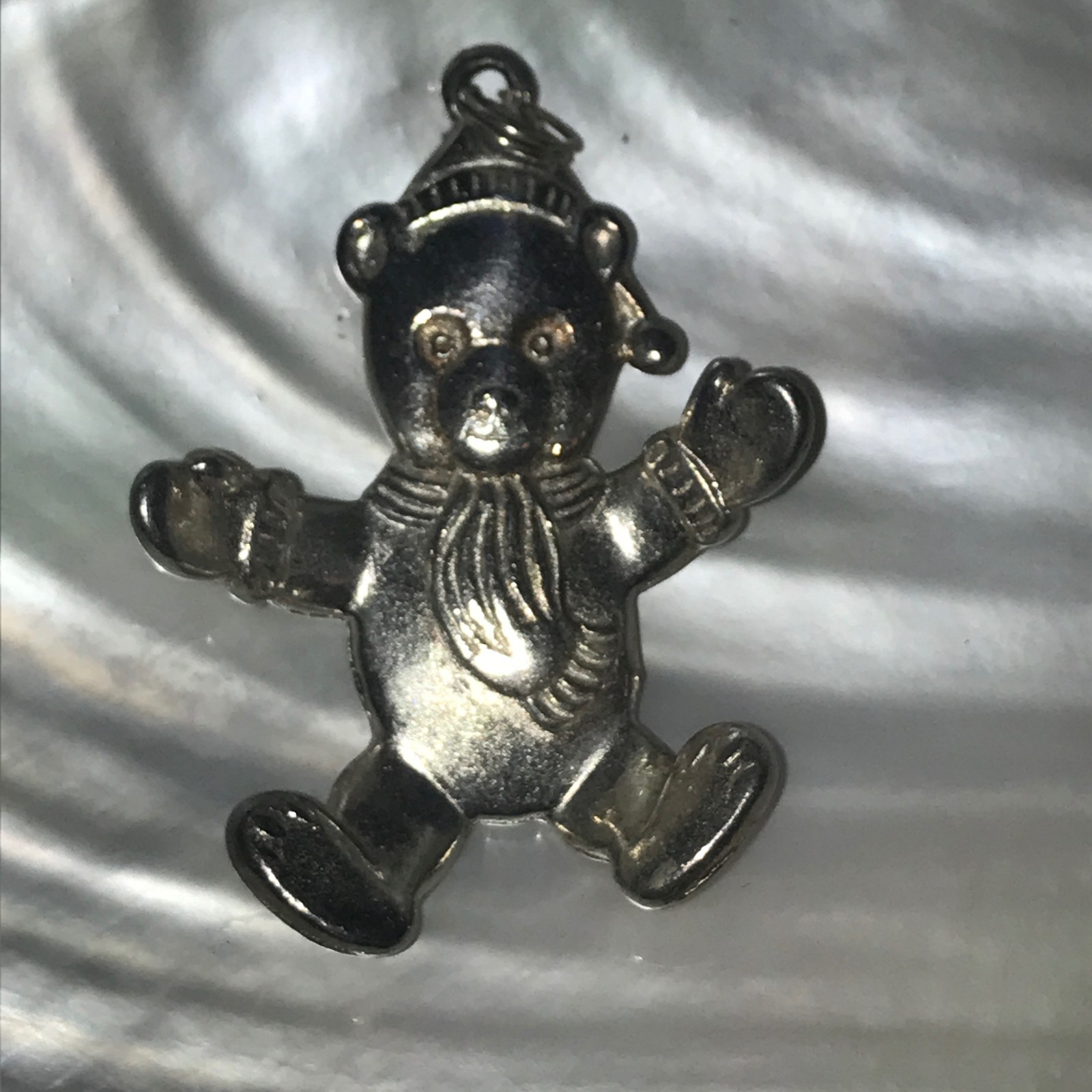 Estate Large Gorham 1986 Signed Silvertone Teddy Bear with Mittens Pendant – mar