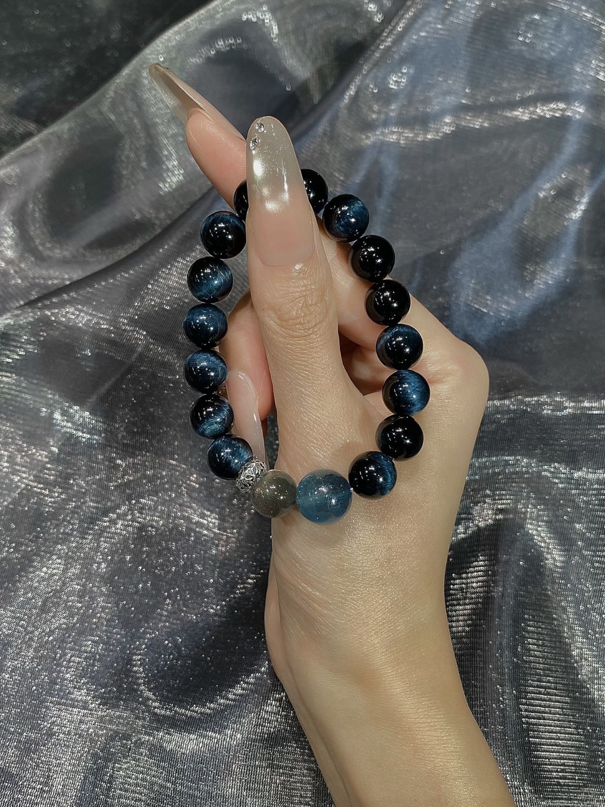 LUSA FEELA Natural Blue Tiger Eye Aquamarine Stretch Bracelet Gift Box