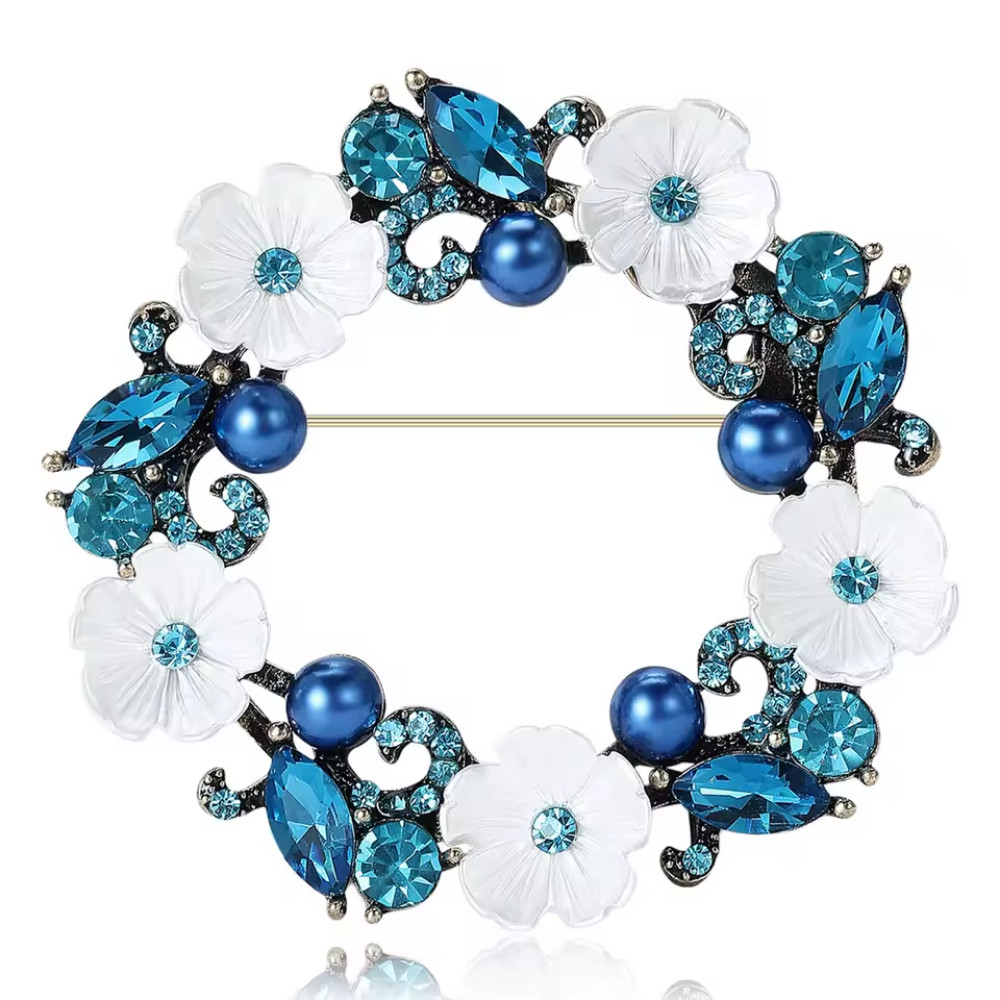 Vintage Style Blue Crystal Flower Wreath Brooch Pin Rhinestone Summer Jewelry Gi