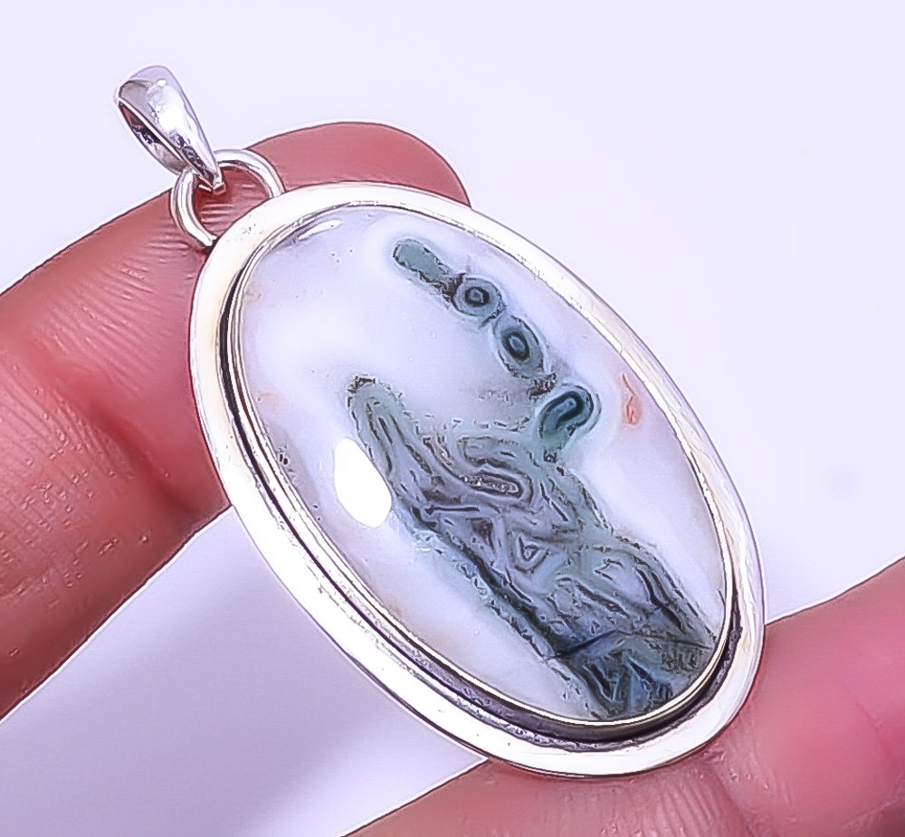 Moss Agate – India Gemstone 925 Sterling Silver Handmade Pendant 1.95″ A328