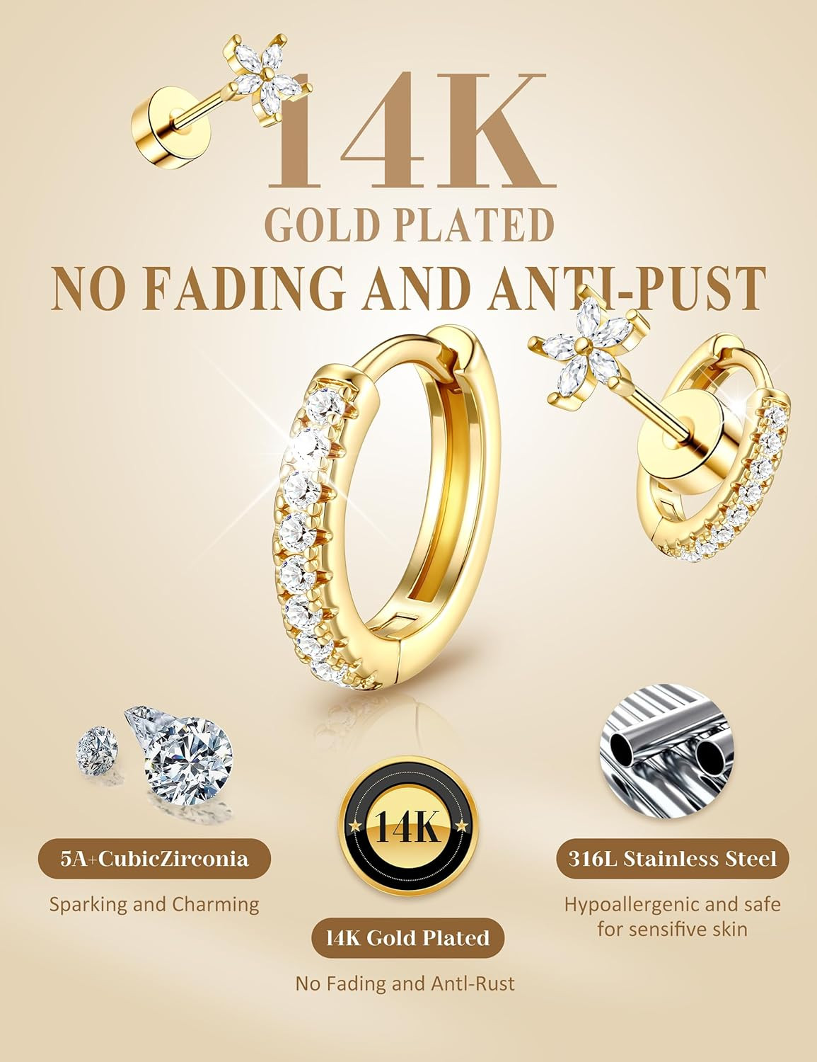 Hypoallergenic Gold Stud Earrings for Women – 14K Gold Plated Surgical Stainless