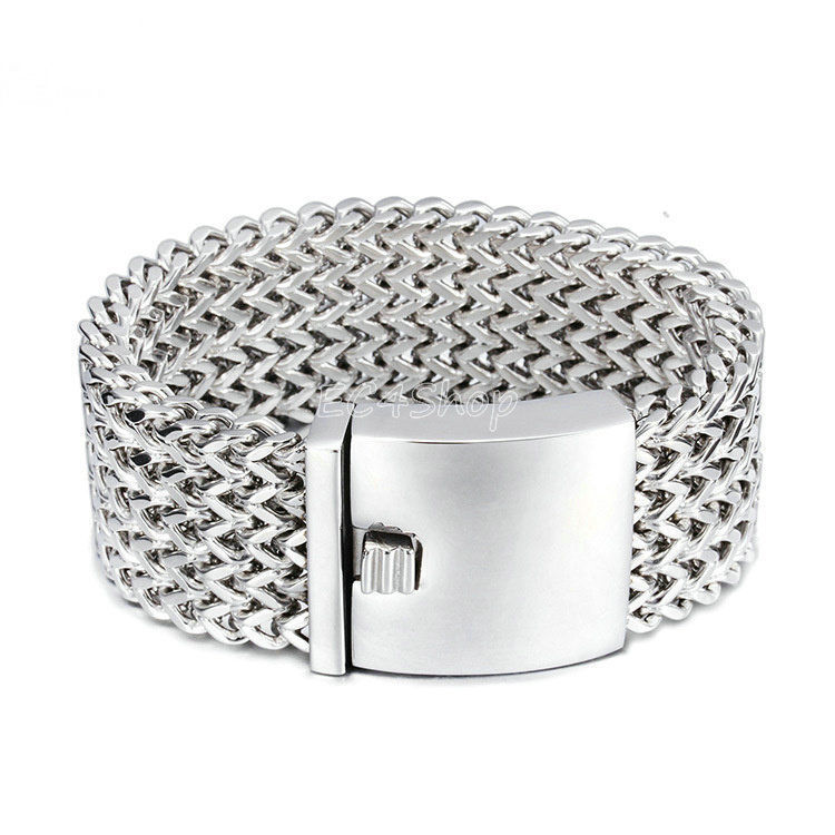 Men’s Heavy Wide Meshed Curb Link Franco Chain Sliver Stainless Steel Bracelet