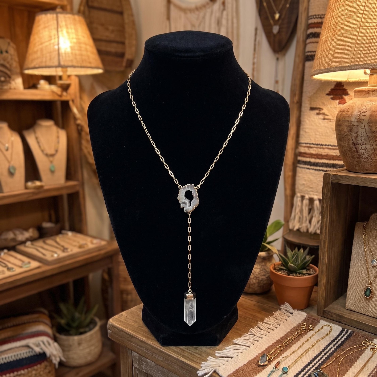 Quartz and Oco Geode Extra Long Lariat Y Drop Necklace (Gold Plated)