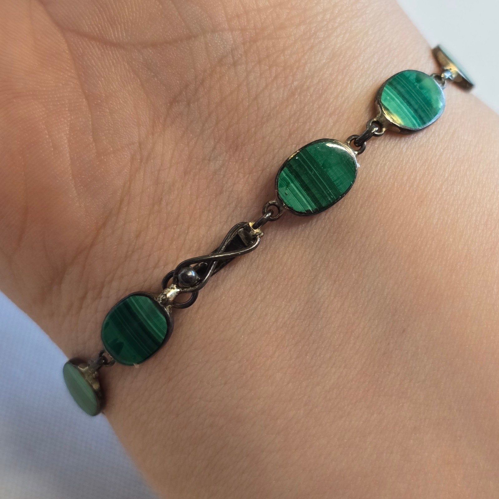 Sterling Silver Bracelet 7.4g Jewelry 7.5″ Malachite Look Unique Clasp *READ*