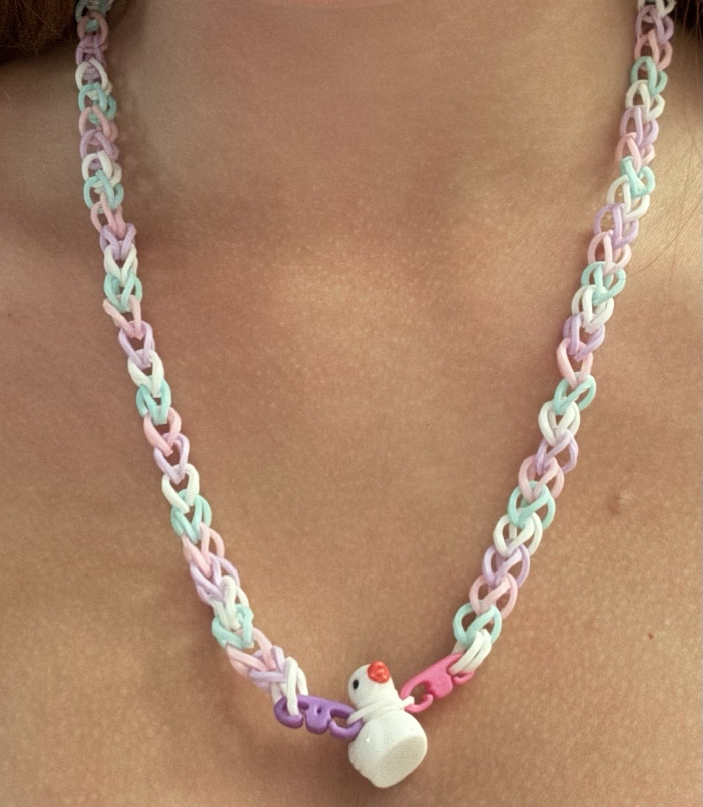Pink Blue Purple and Pink Rainbow Loom Necklace with Duck Charm