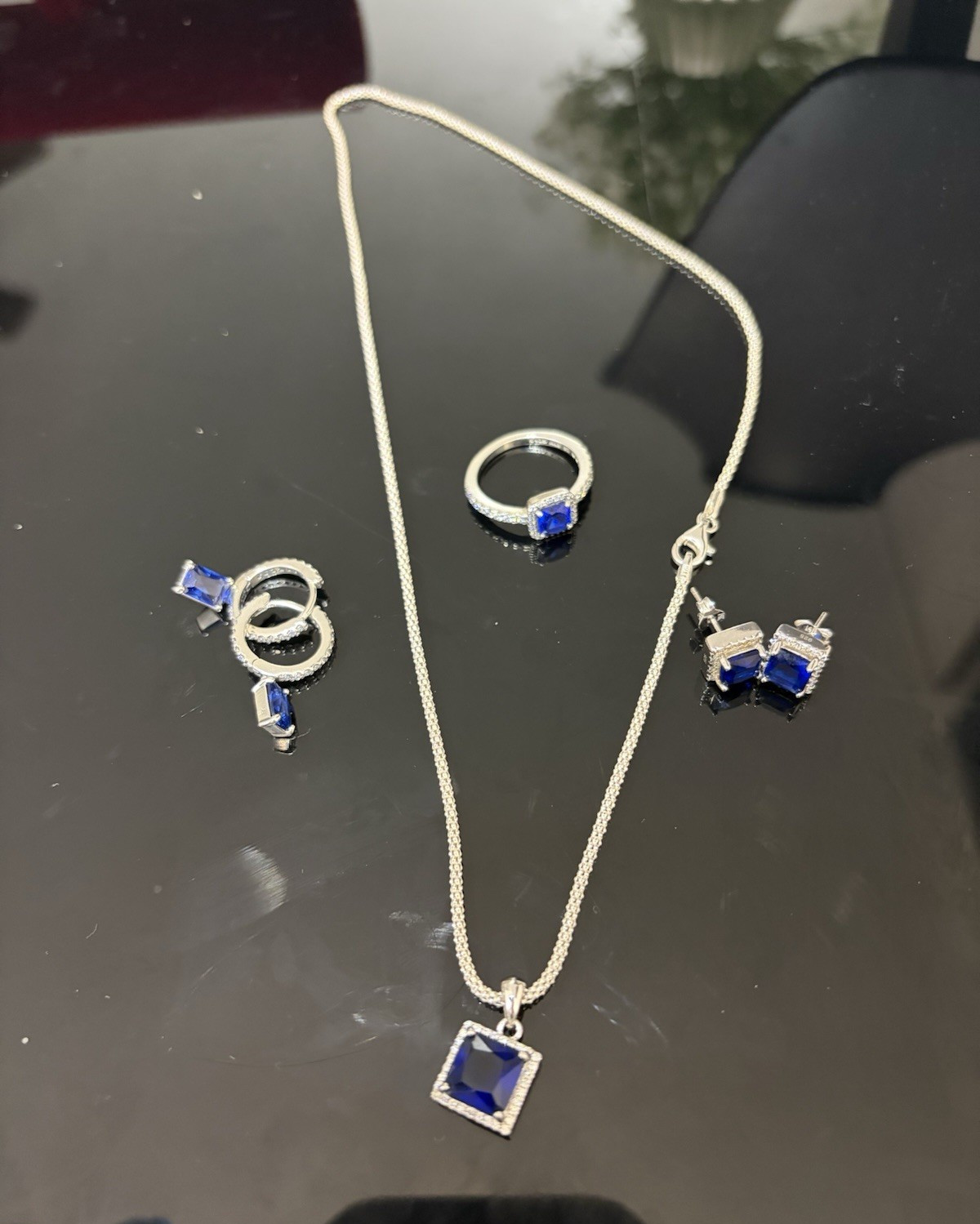 Blue Sapphire CZ Jewelry Set Necklace 17” Chain Ring Size 7 Earrings Silver