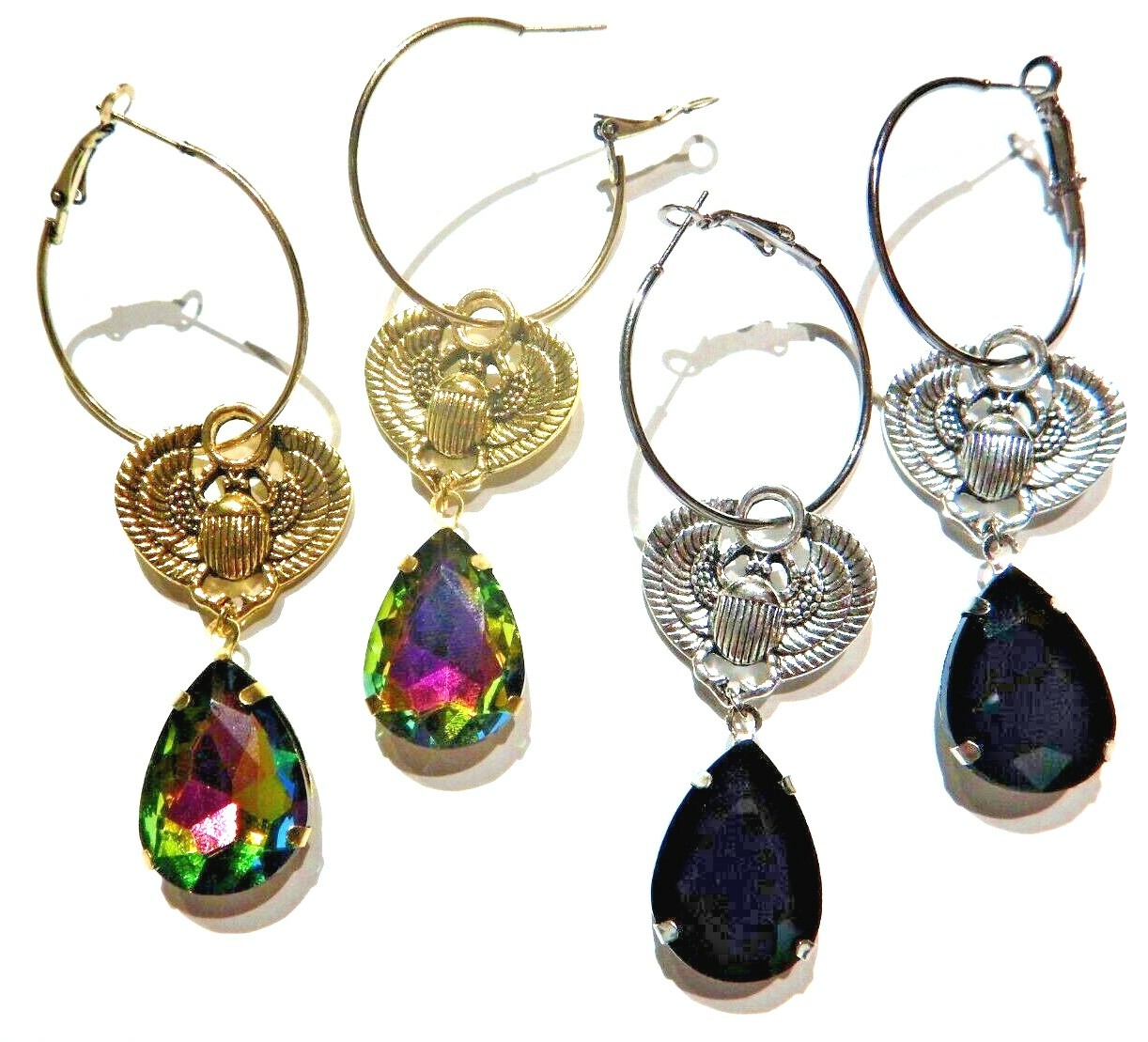 Winged Scarab Beetle Hoop Earrings Egyptian Revival Gothic Black or Vitrail A1