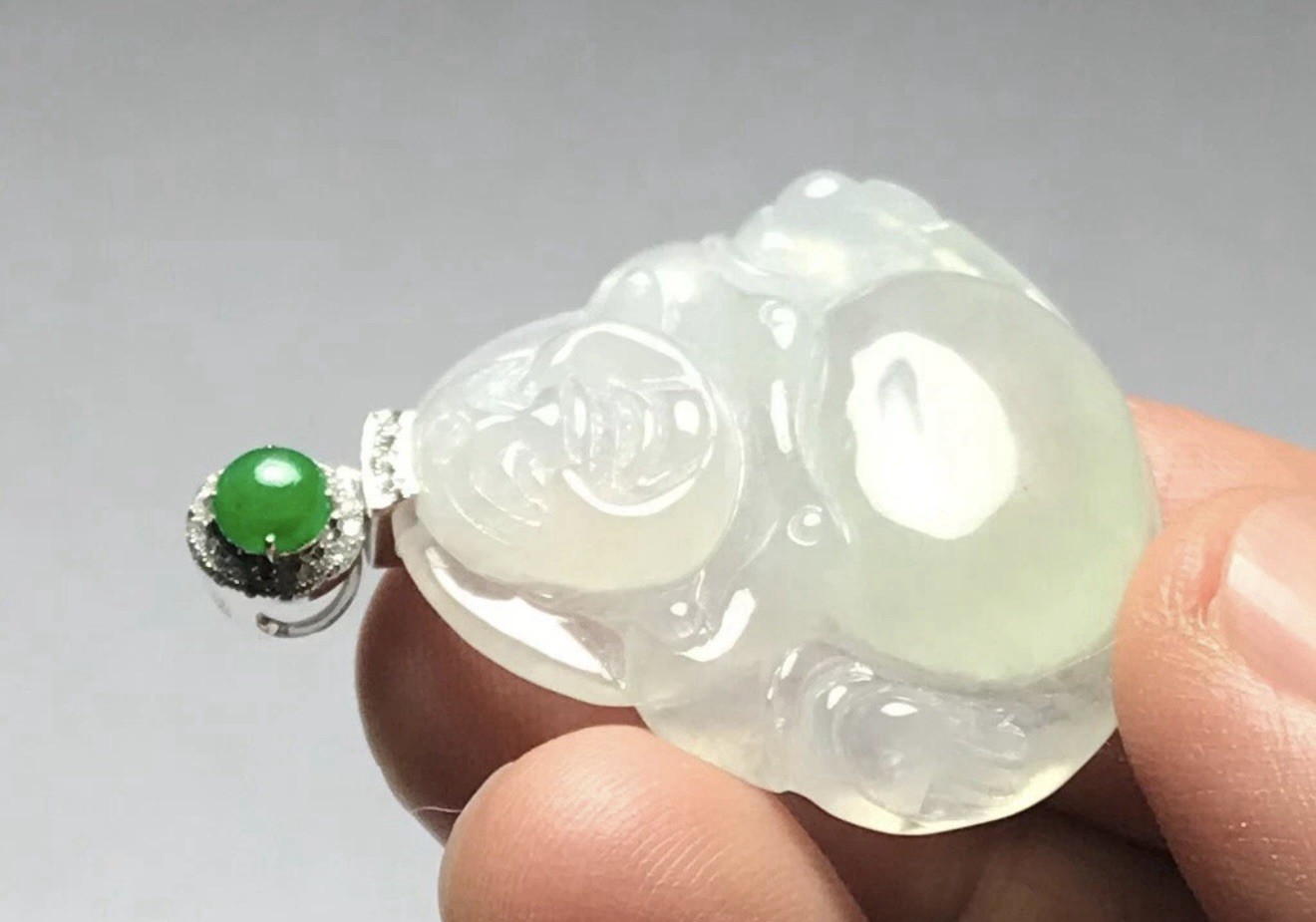 Certified Type A Icy Jadeite Happy Buddha Pendant 18K White Gold Diamond Bail