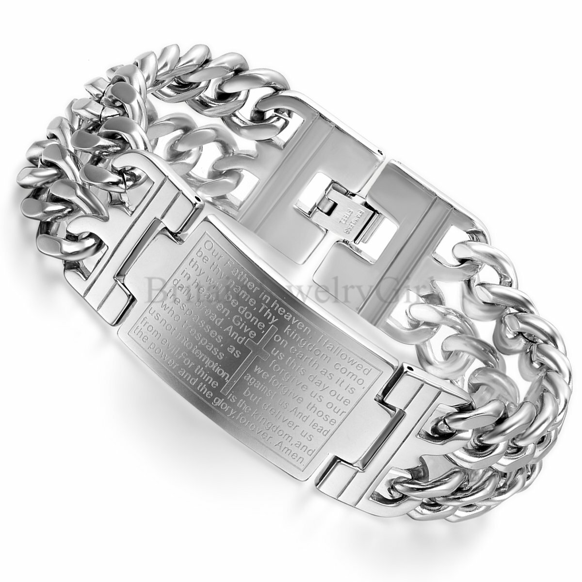 9.1″ Stainless Steel English Bible Verse Cross Wide Bracelet For Men Heavy