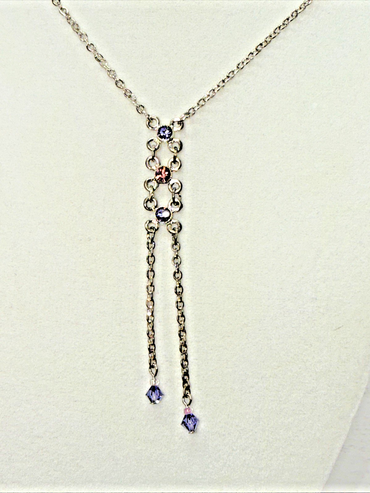 Vintage Silver Tone Purple Crystal Lariat Drop Y Necklace Tassel Boho Chic