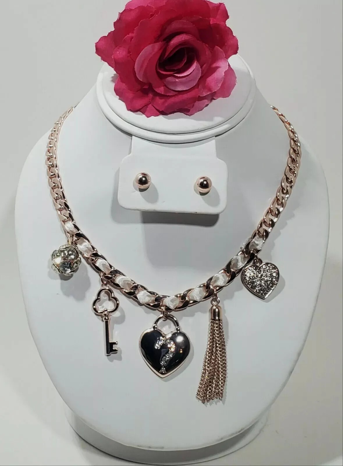 VTG GUESS Charm Necklace Stud Earring Set Rose Gold-Tone Rhinestone