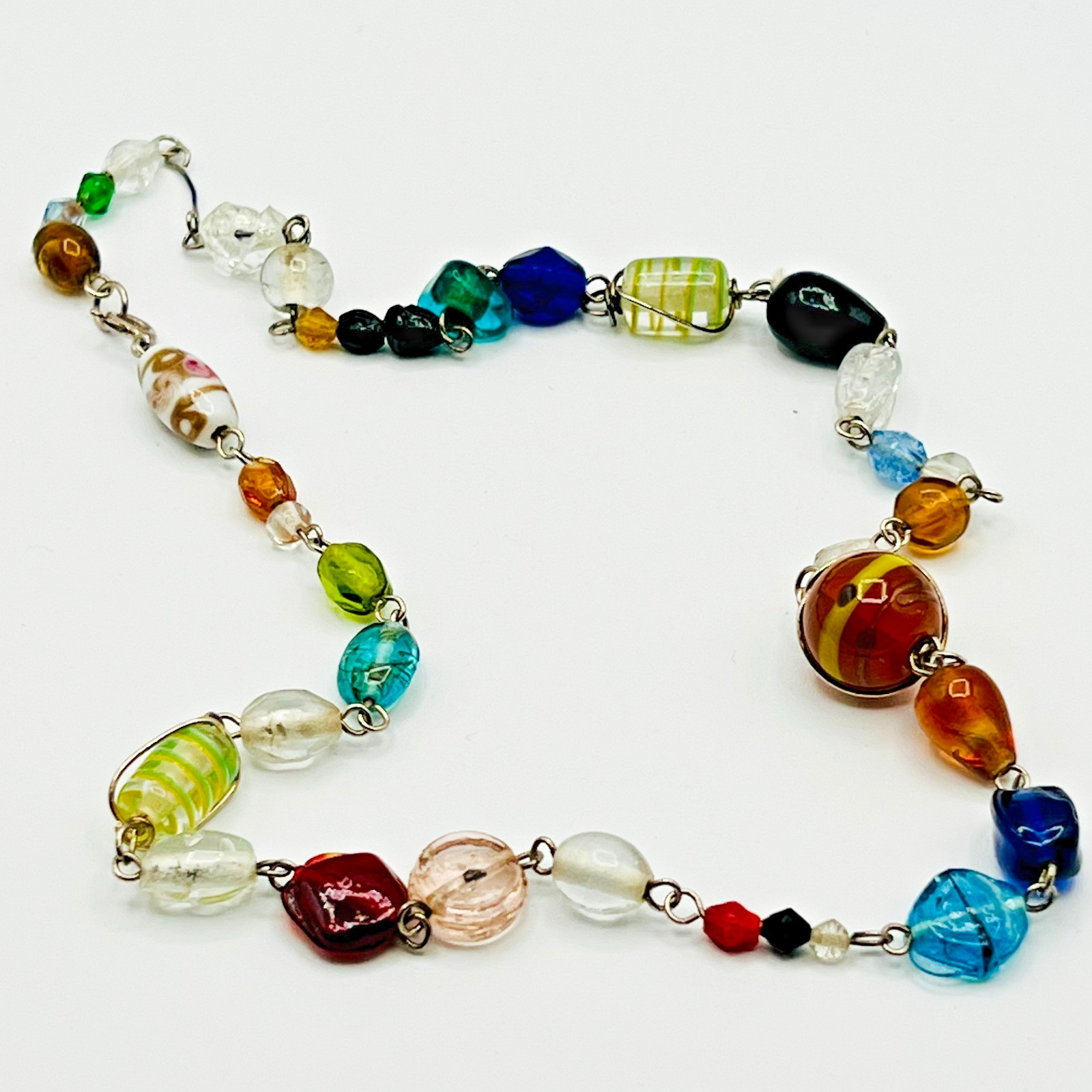 Colorful Art Glass Bead Necklace Multicolor Lampwork BohoEclectic Statement 20″