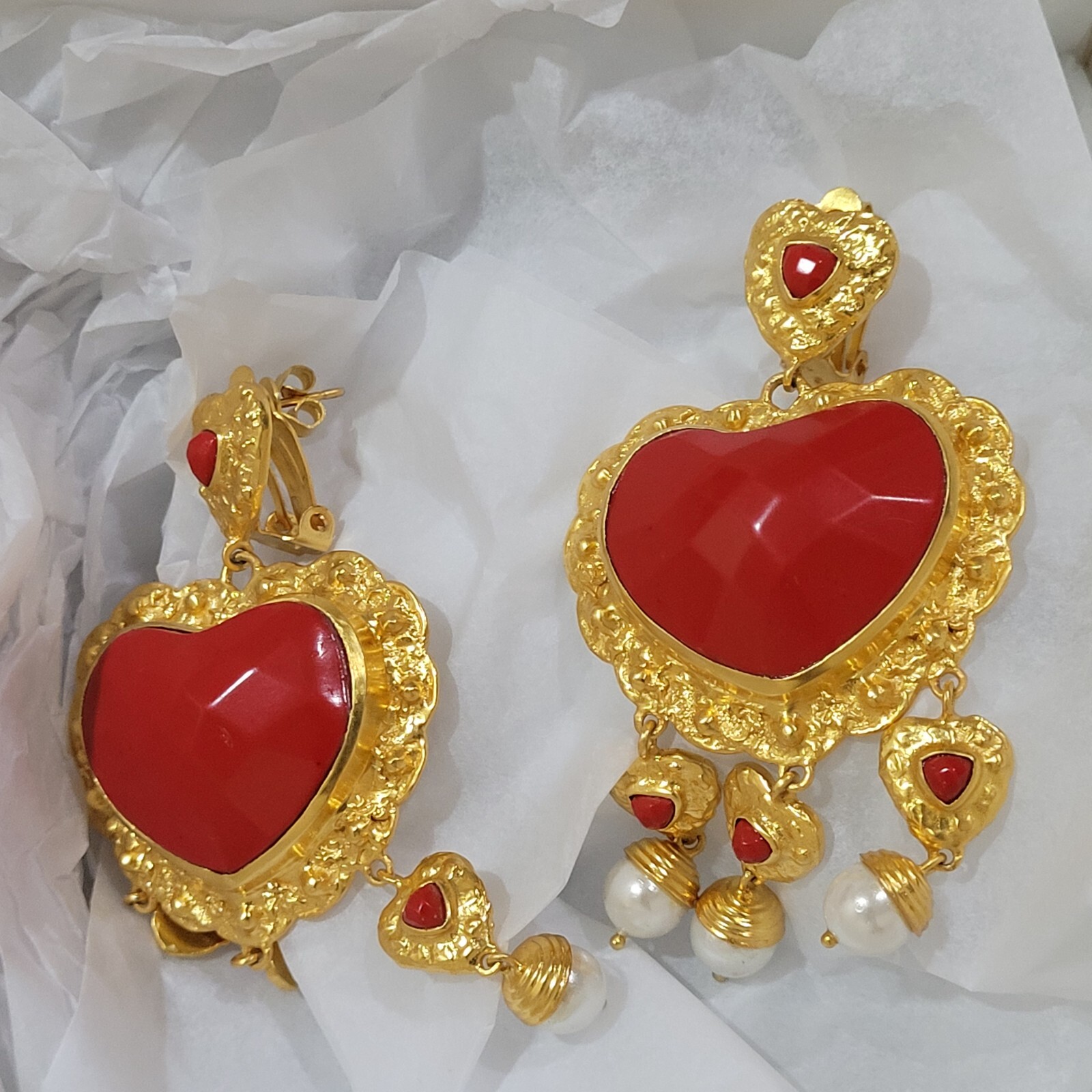 VALERE HUGE RED DROP EARRINGS 24k Gold Plated Genuine Gemstones Giftable