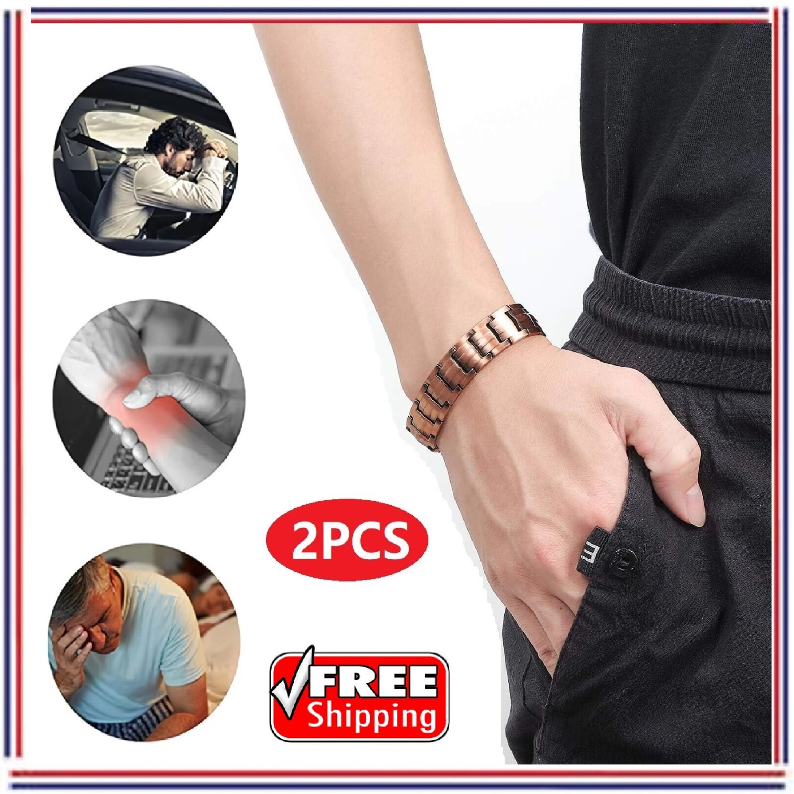 2PCS Men’s Copper Dual Magnetic Arthritis Bracelet Adjustable Wristband Gift USA