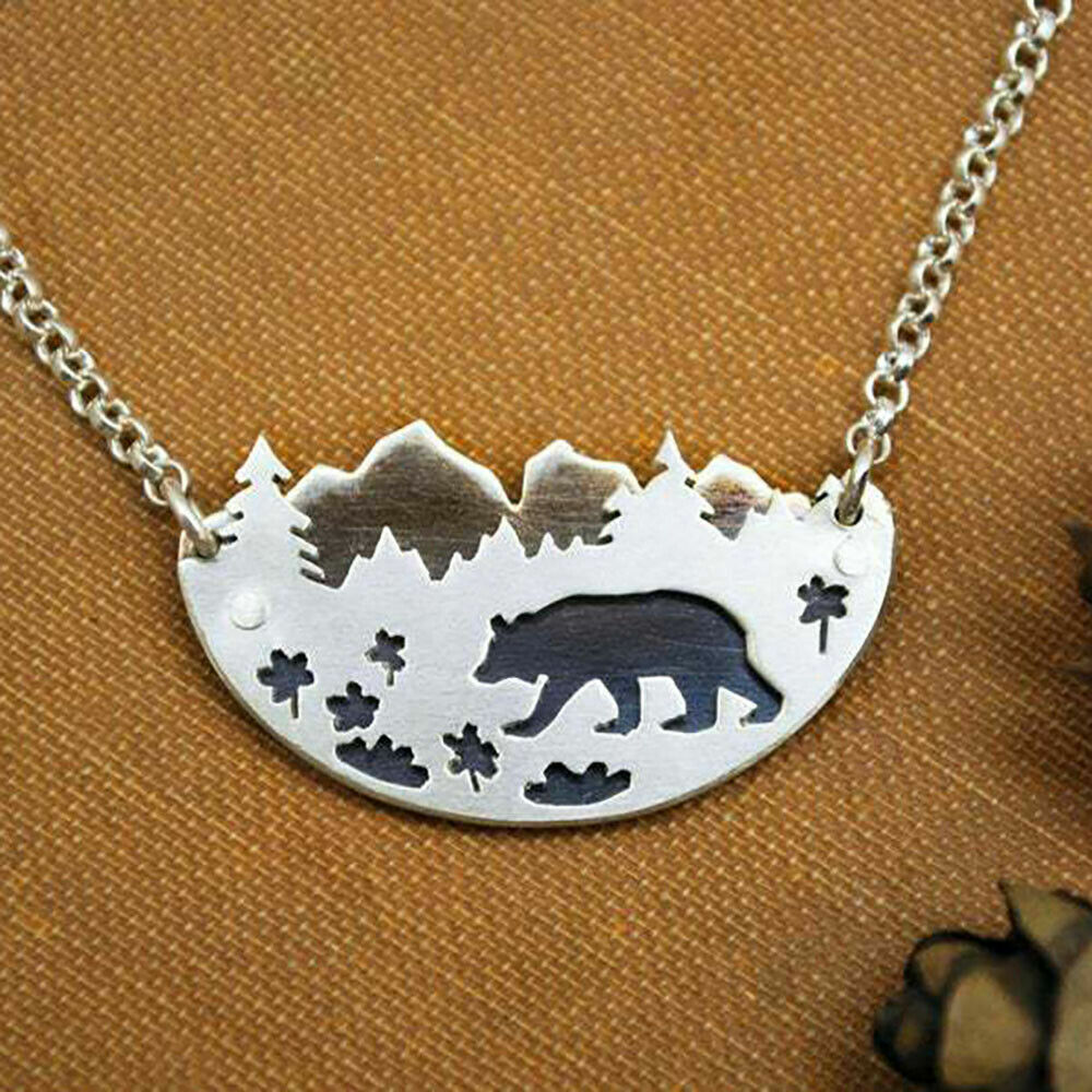 BEAR PINE TREES MOUNTAIN pendant 20″ to 22″ 925 Sterling Silver plated Necklace