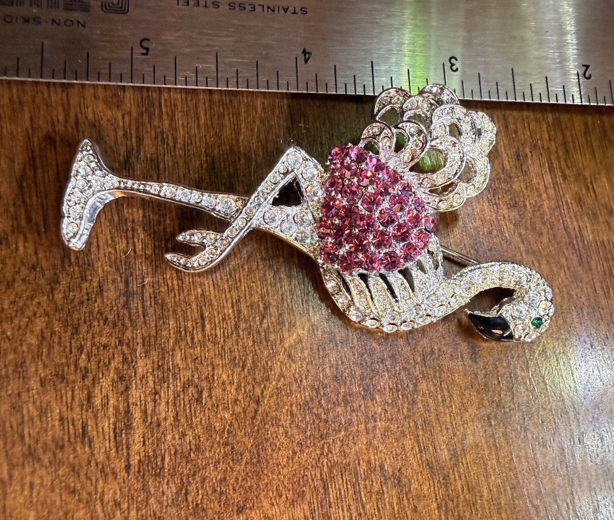 💕Vintage Flamingo Brooch Pin Pink Crystal Rhinestone Pavé Set 3in💕
