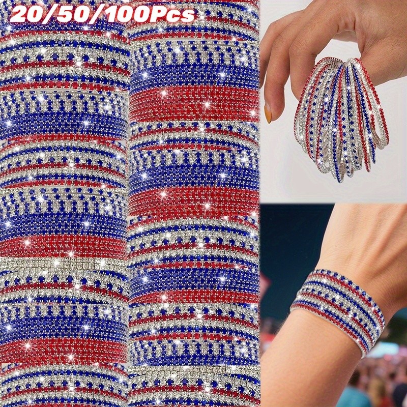 20/50/100Pcs 4th of July Stackable Rhinestone Bracelets Independence Day Jewelry
