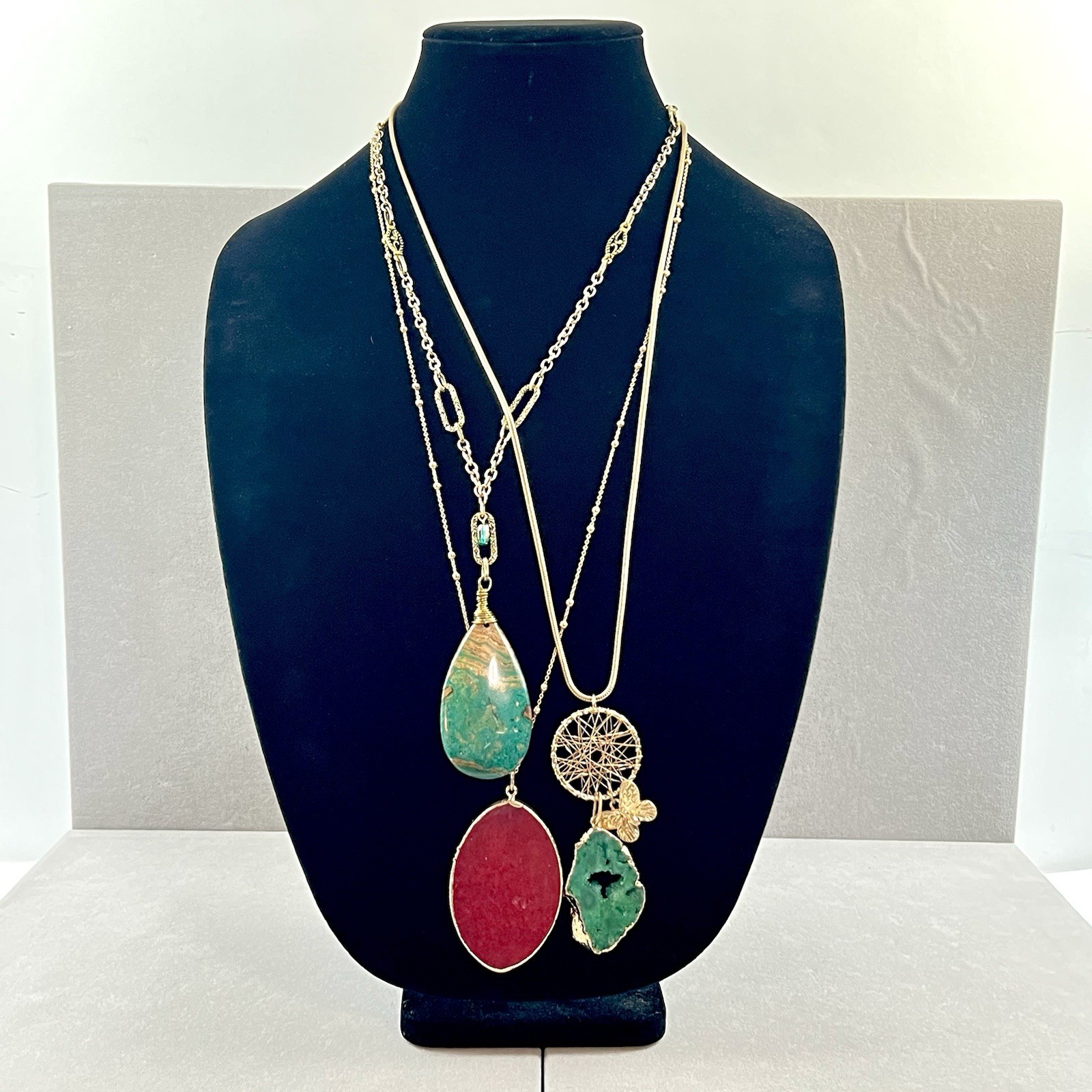3 Long Gold Tone Stone Pendant Necklaces Multicolor Red Green Drusy Butterfly