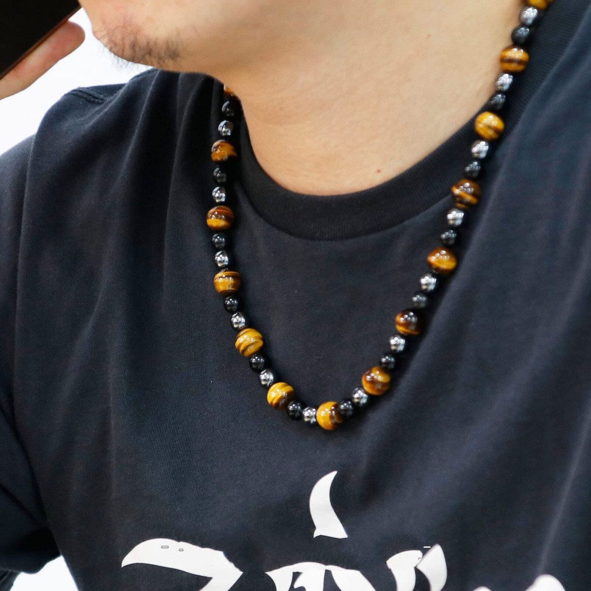 8/10mm Blue Tiger Eye Bead Necklace Hematite Lava Obsidian Triple Necklace 24”