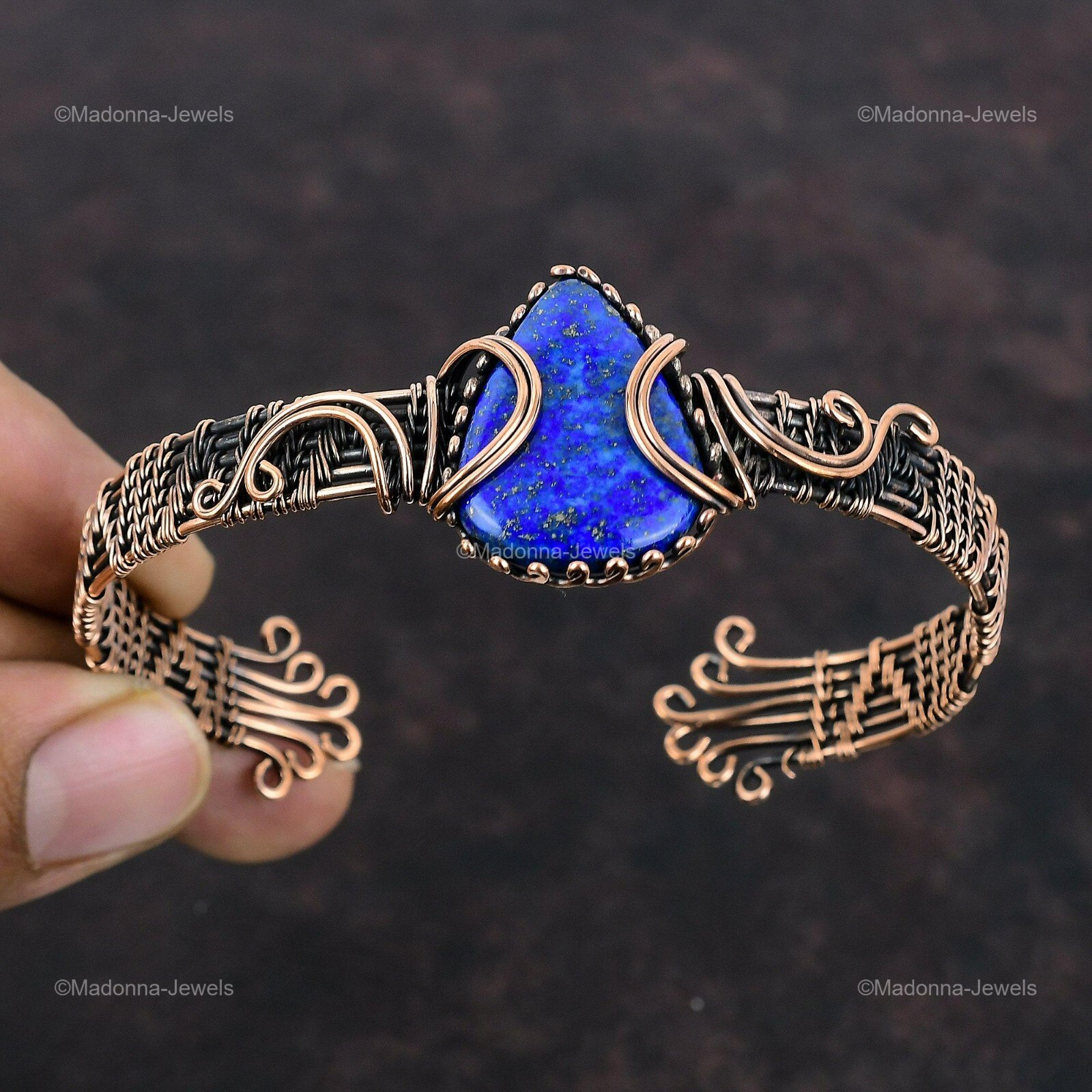 Lapis Lazuli Wire Wrapped Cuff Adjustable Bangle Handcrafted Copper Ethnic Gift
