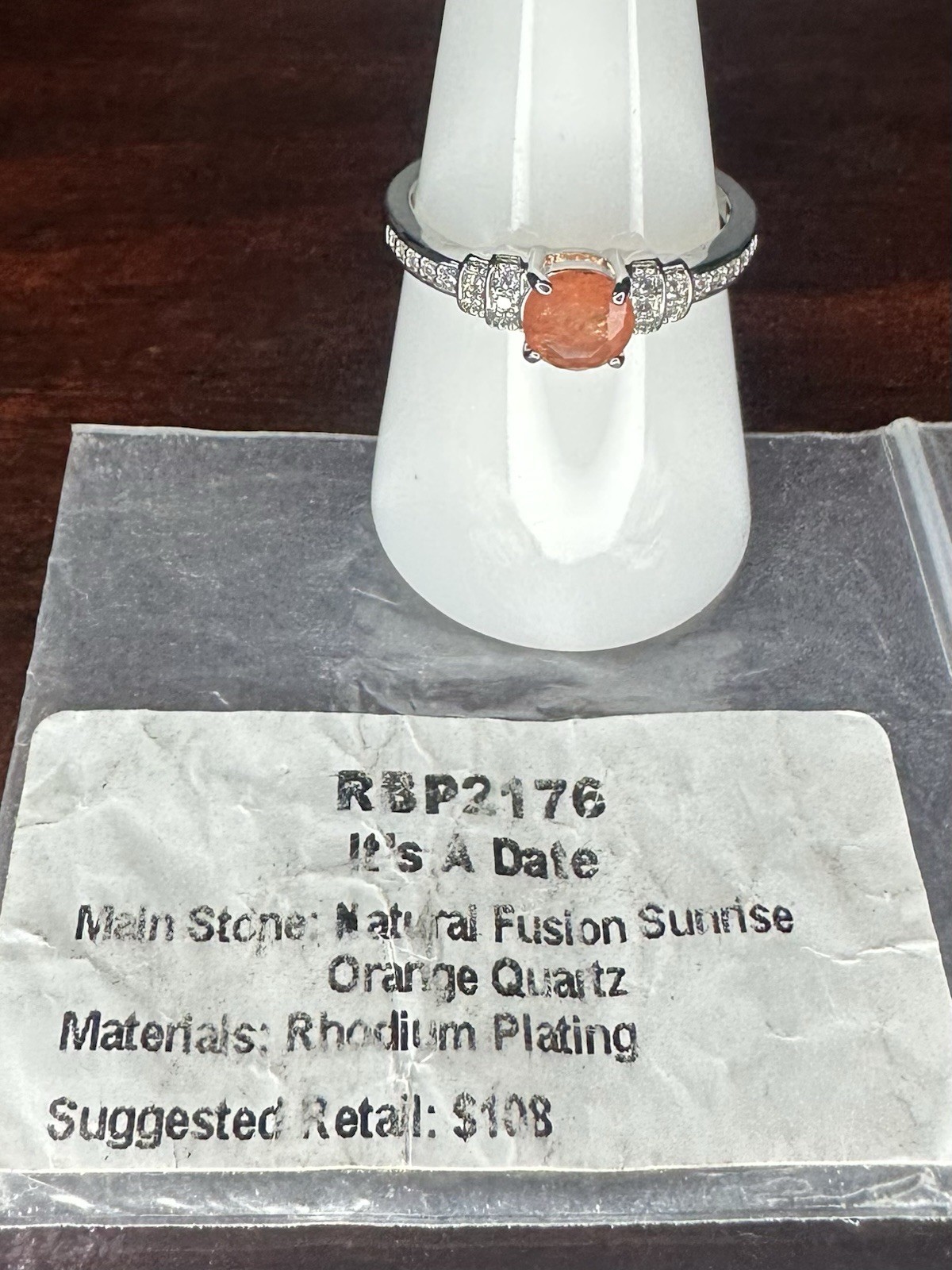 Bomb Party Ring- 2176- Treated Genuine Quartz/Lab Orange- Size 9- Rhodium Plated