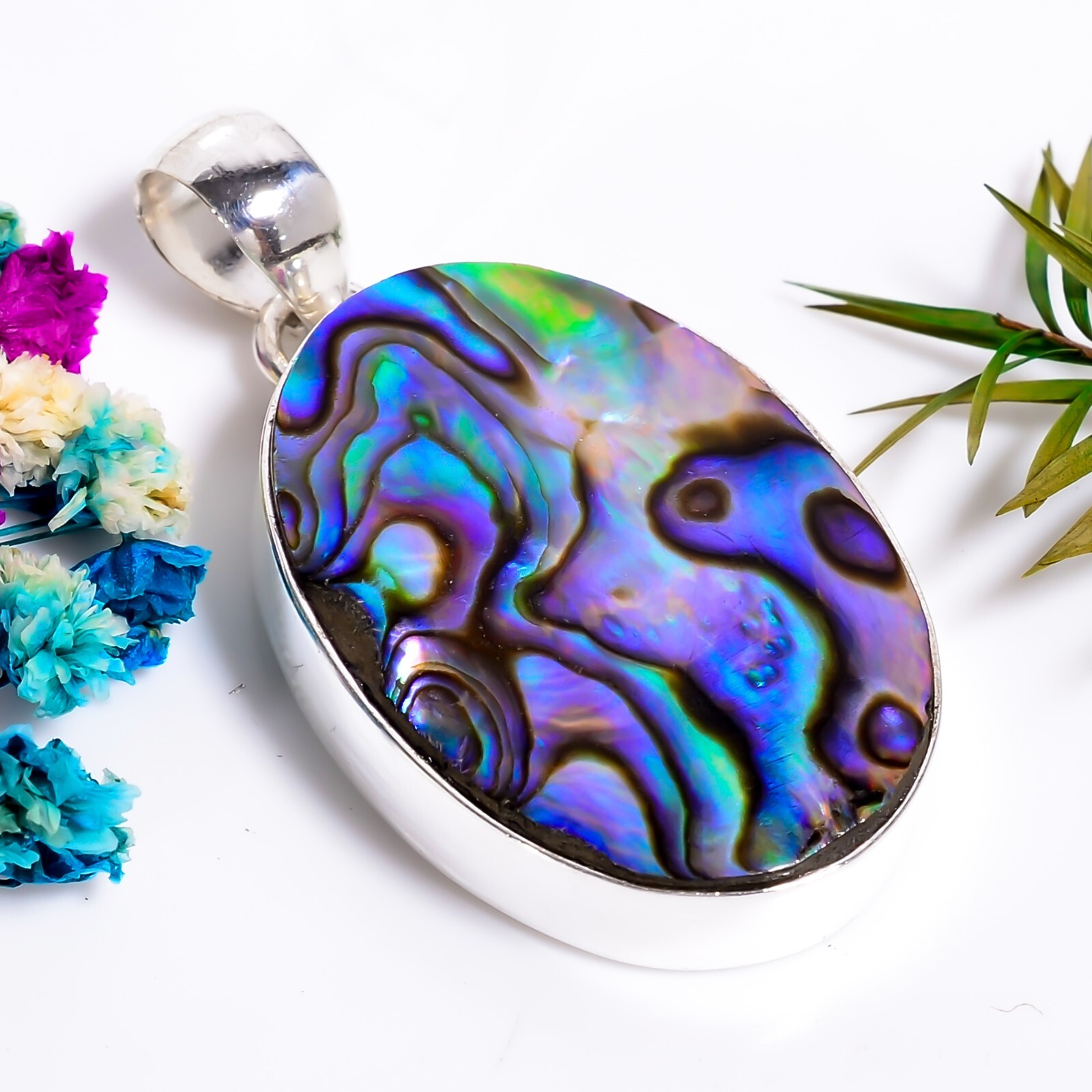 Abalone Shell Gemstone Ethnic Handmade Jewelry.925 Silver Pendant