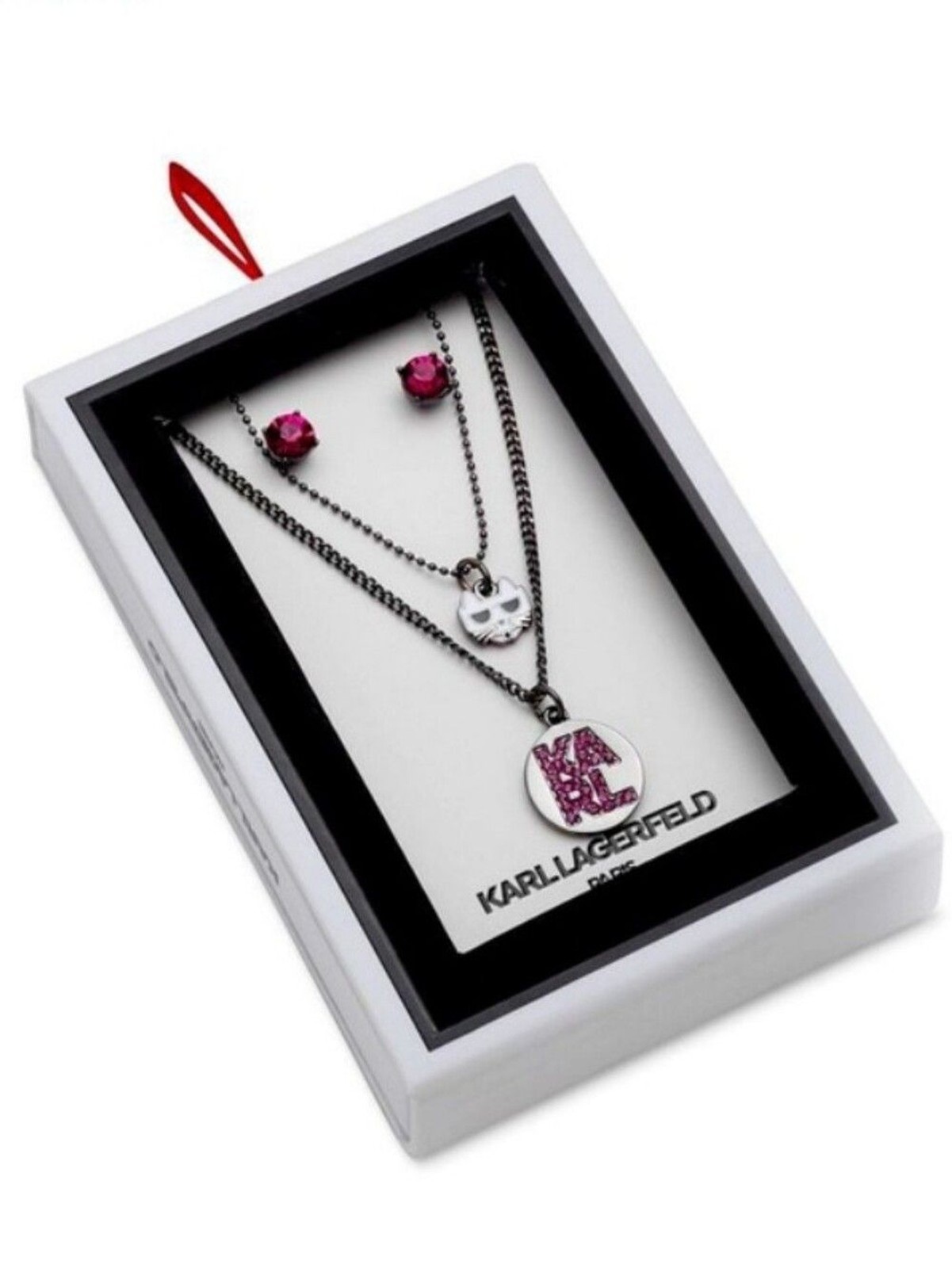 Karl Lagerfeld Pink Crystal ‘Karl’ Pendant Necklace & Stud Earring Set