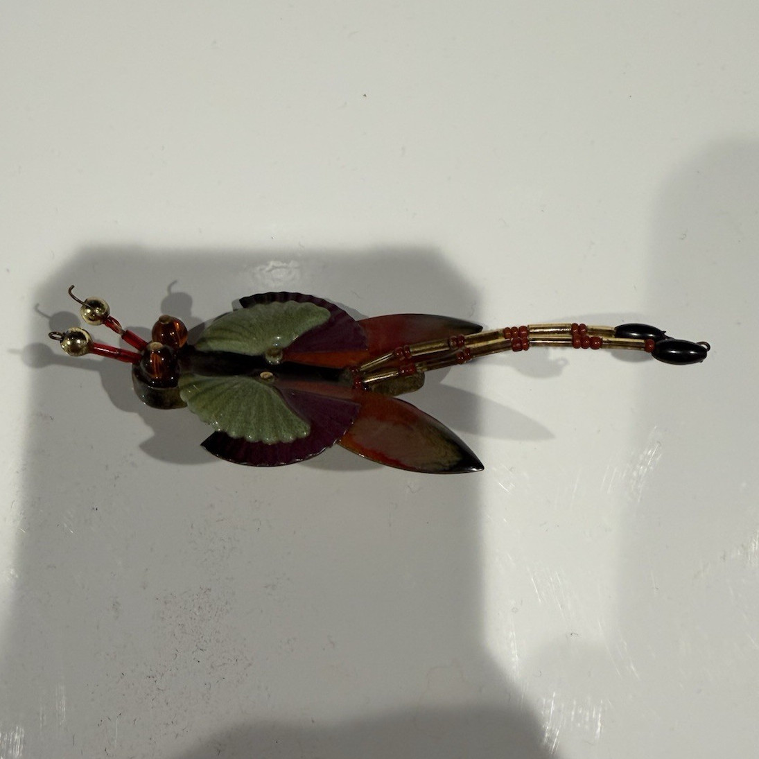 Signed Butterfly Insect Brooch Pin Gold Tone Green Red Black Beaded Antennae
