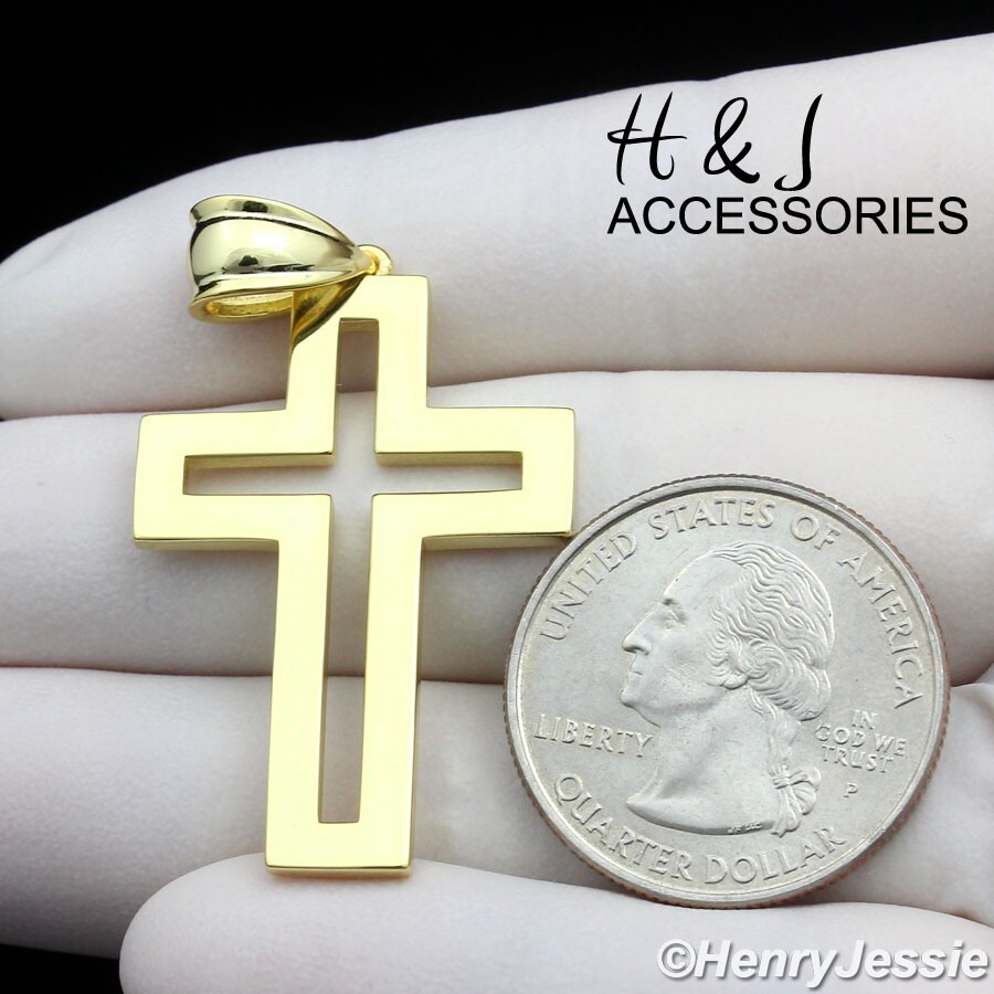 925 STERLING SILVER PLAIN SIMPLE 3D GOLD PLATED HOLLOW DOUBLE CROSS PENDANT*G422