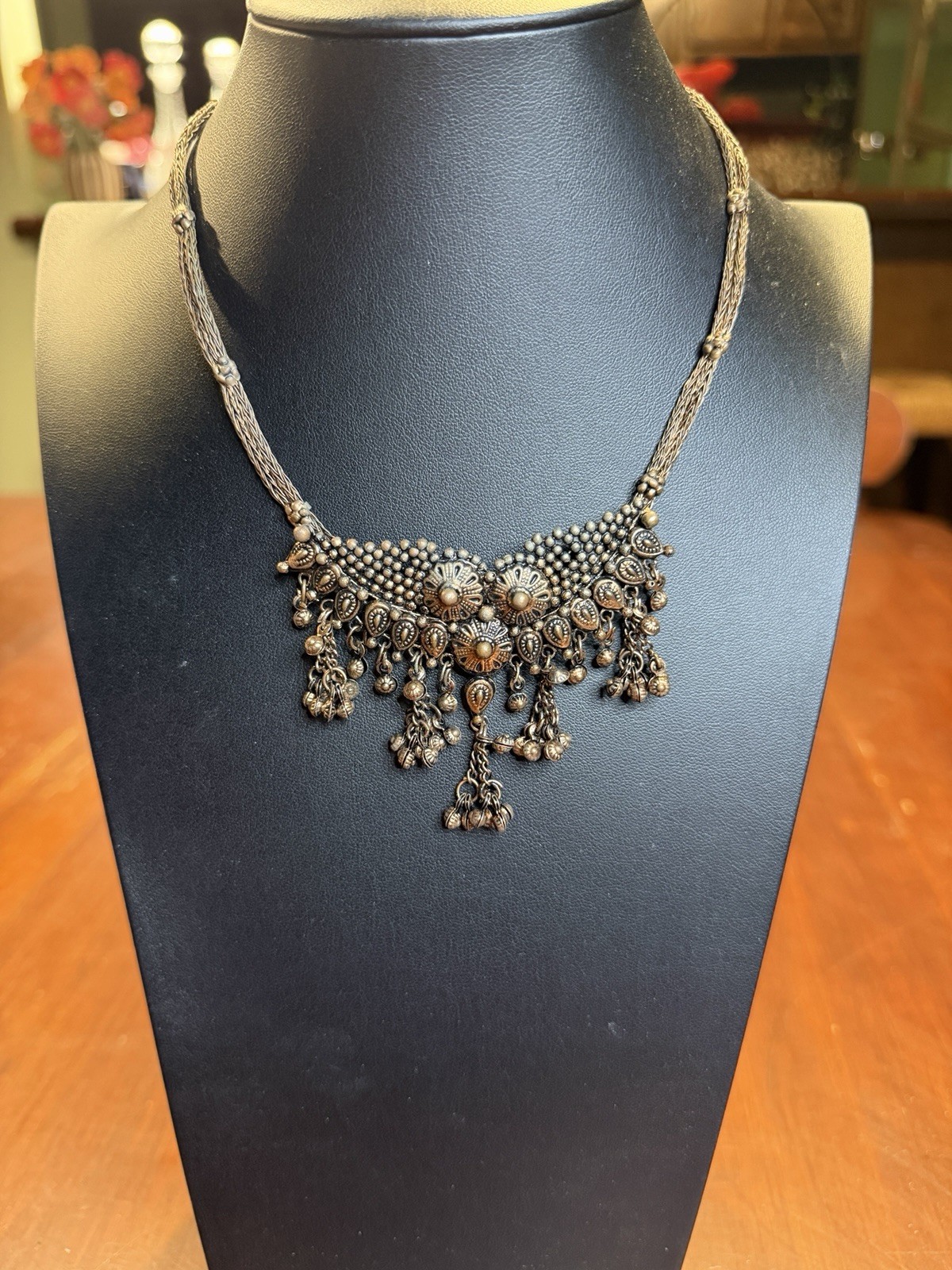 Copper Tone Multi-Strand Chain Bib Pendant Necklace w/ Dangles Hook Closure Boho