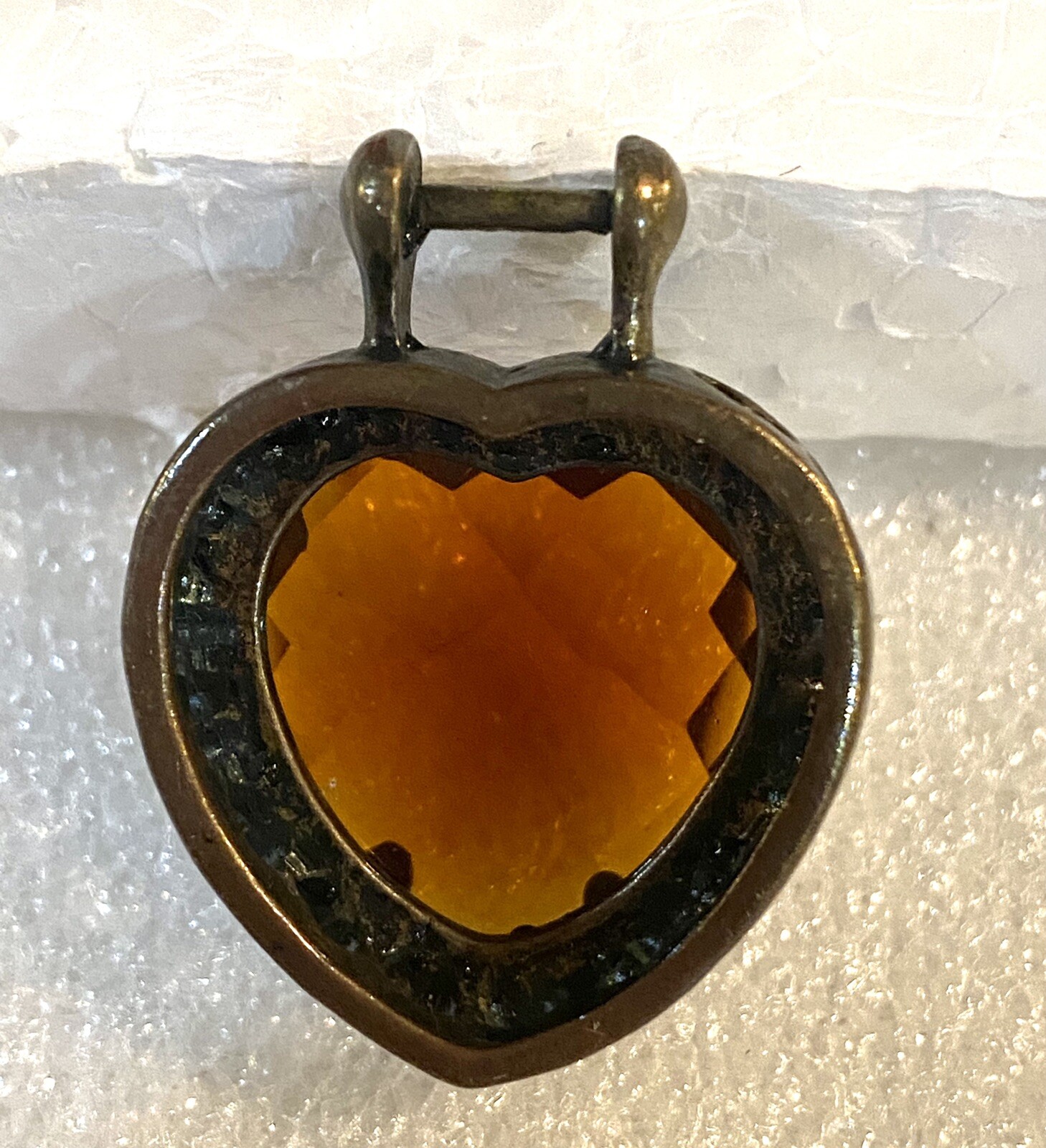 Amber colored Glass Stone Antique Pendant Cutout Hearts Edge