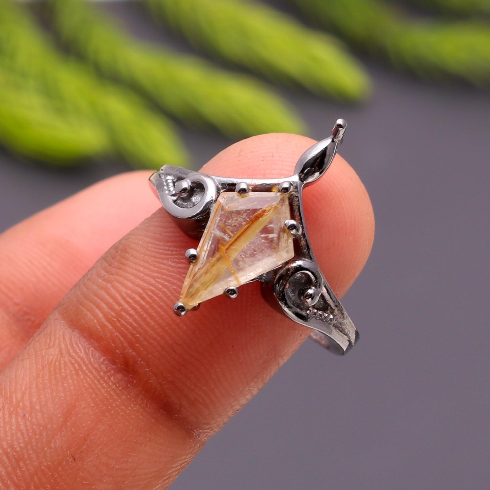 Golden Rutile Kite Ring Black Oxidized 925 Sterling Silver Jewelry For Lovers