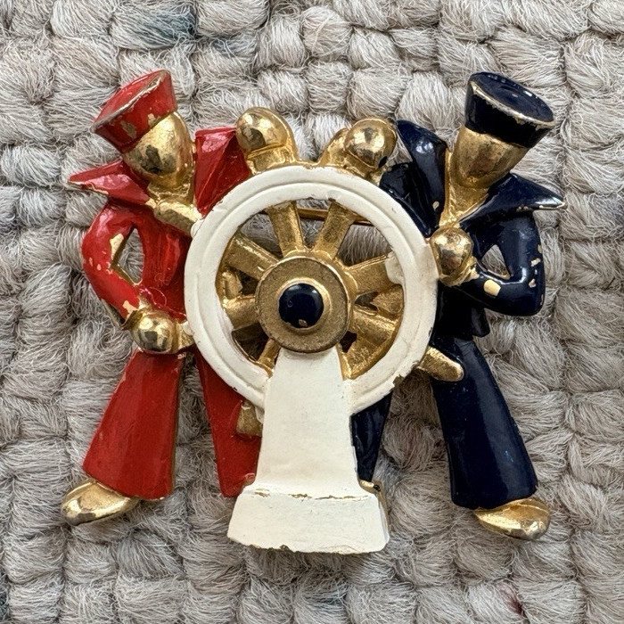 Enamel Figural Brooch Pin People Spinning Nautical Wheel Signed 1.5in