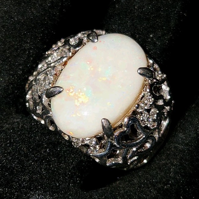 Silver Filigree Cocktail Ring w/ Oval 8ct Lightening Ridge Australian Opal