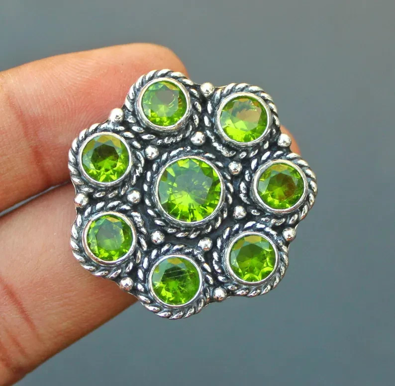 Peridot Cluster Ring | Vintage Style Peridot Ring. Green Gemstone Statement Ring