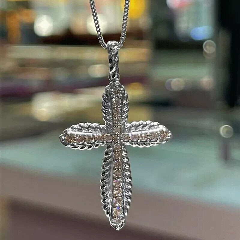 Round Cut Simulated Diamond Women’s Stunning Cross Pendant 14k White Gold Plated
