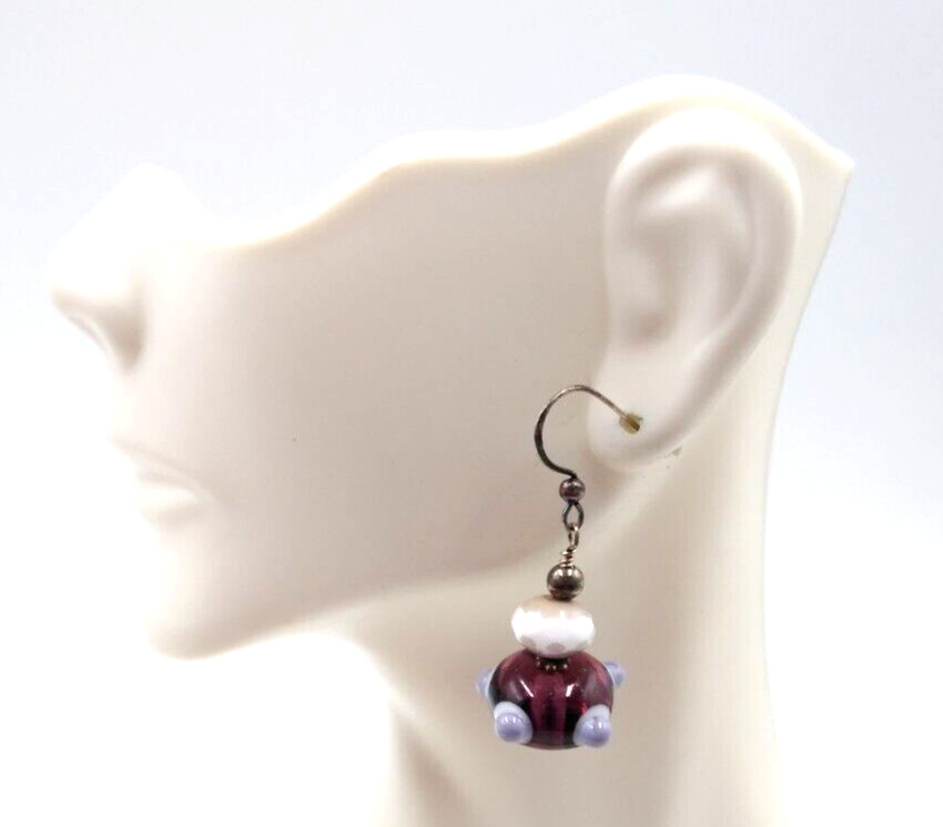 Artisan Made Round Smoky Purple Lampwork Glass Bead 1″ Dangler Pierced Earrings