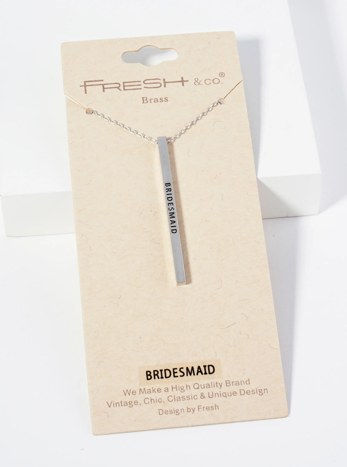 Brass Vertical Bar Necklace Engraved Bridesmaid, 17in, Gold or Silver Tone