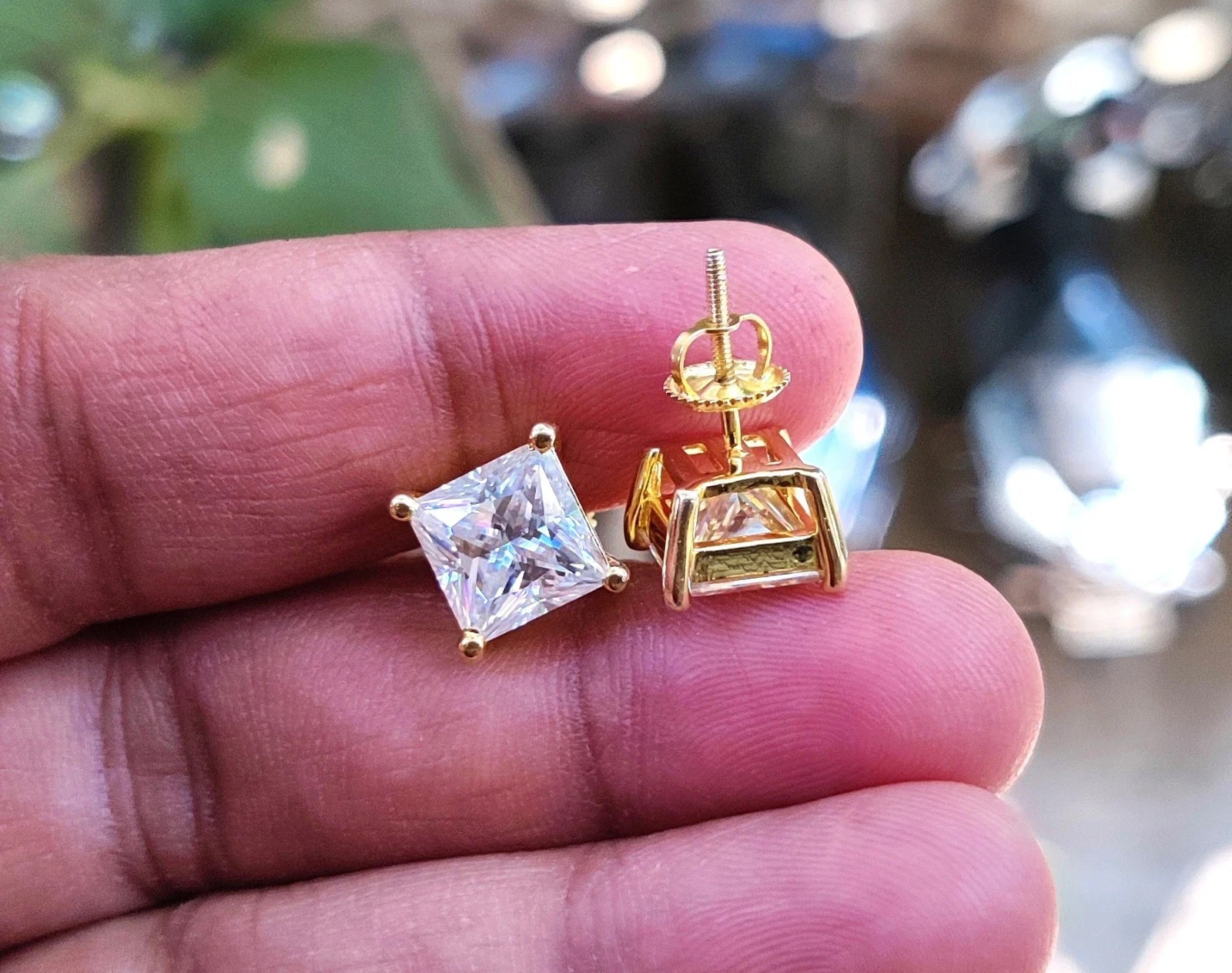 1.00Ct Princess Cut Moissanite Solitaire Stud Earrings 14K Yellow Gold Plated