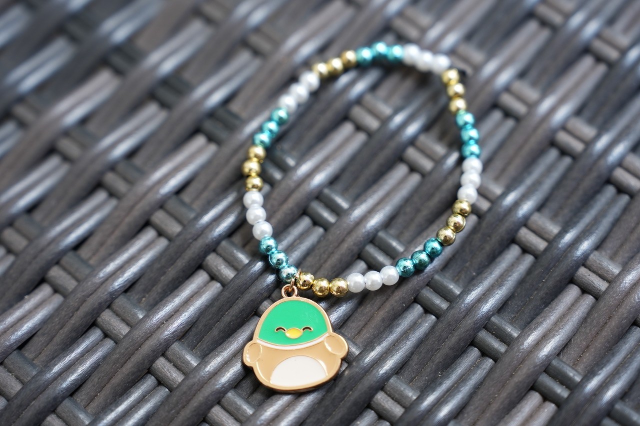 Handmade Cute Green Duck Charm Bracelet Teal Pearl Gold Tone Beaded Jewelry