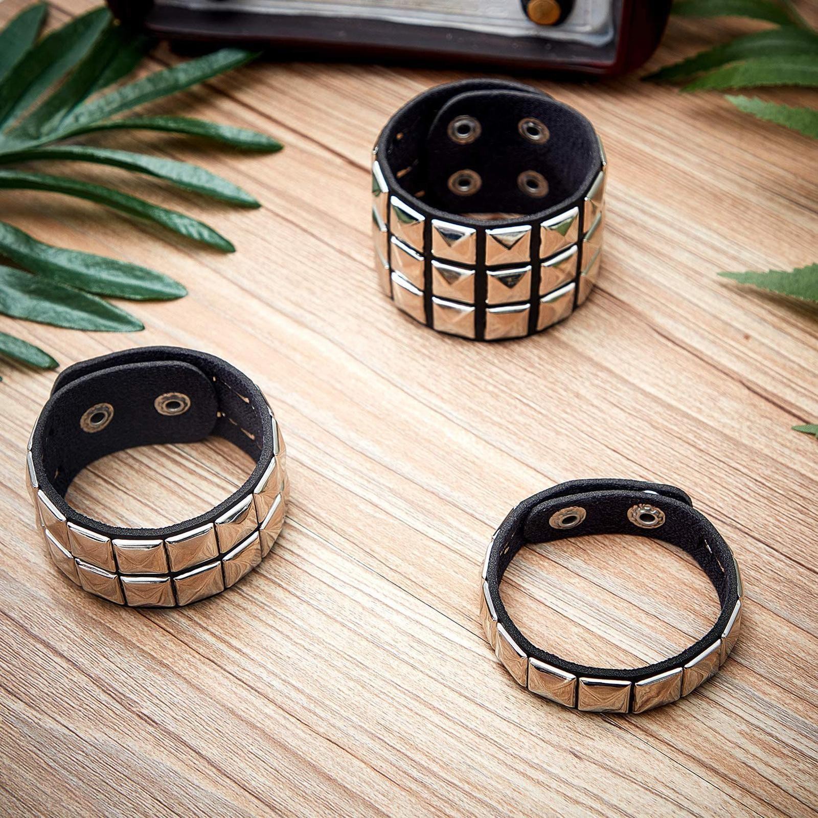3 Pc Punk Bracelet Studded Wristband Rivet Cuff Bangle Black Rock Buckle Women