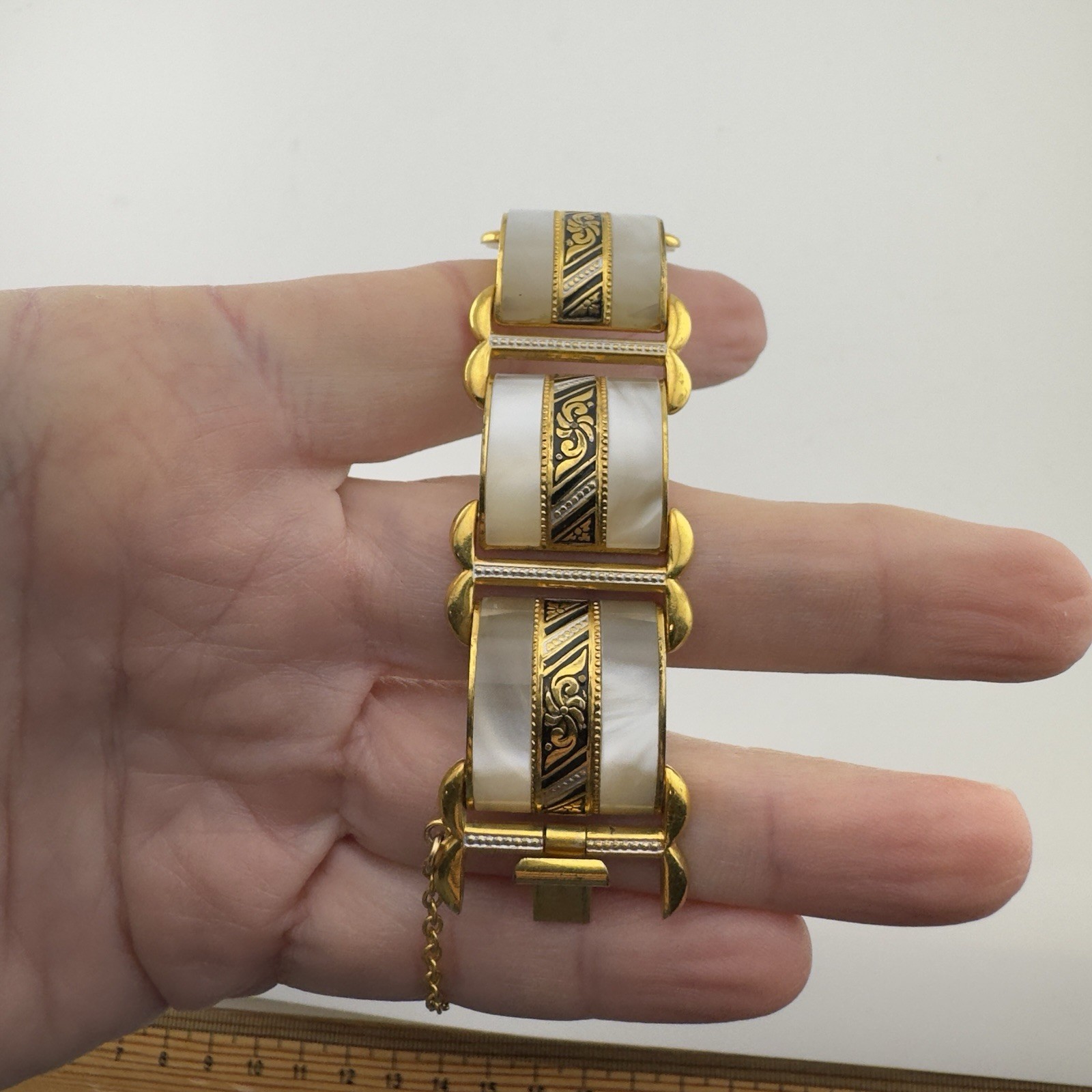 Vintage Damascene Toledo Panel Bracelet Gold Tone Mother Of Pearl Wide Link