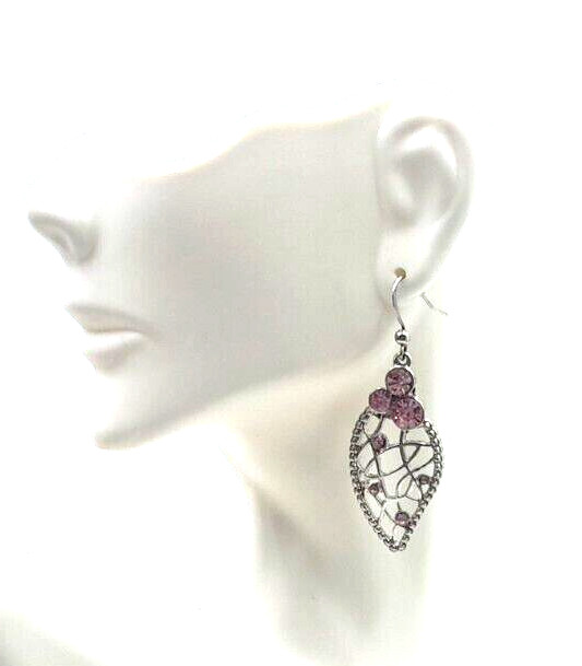 Vintage Silver Tone 2″ Lacy Pink Rhinestone Filagree Dangler Chandelier Earrings