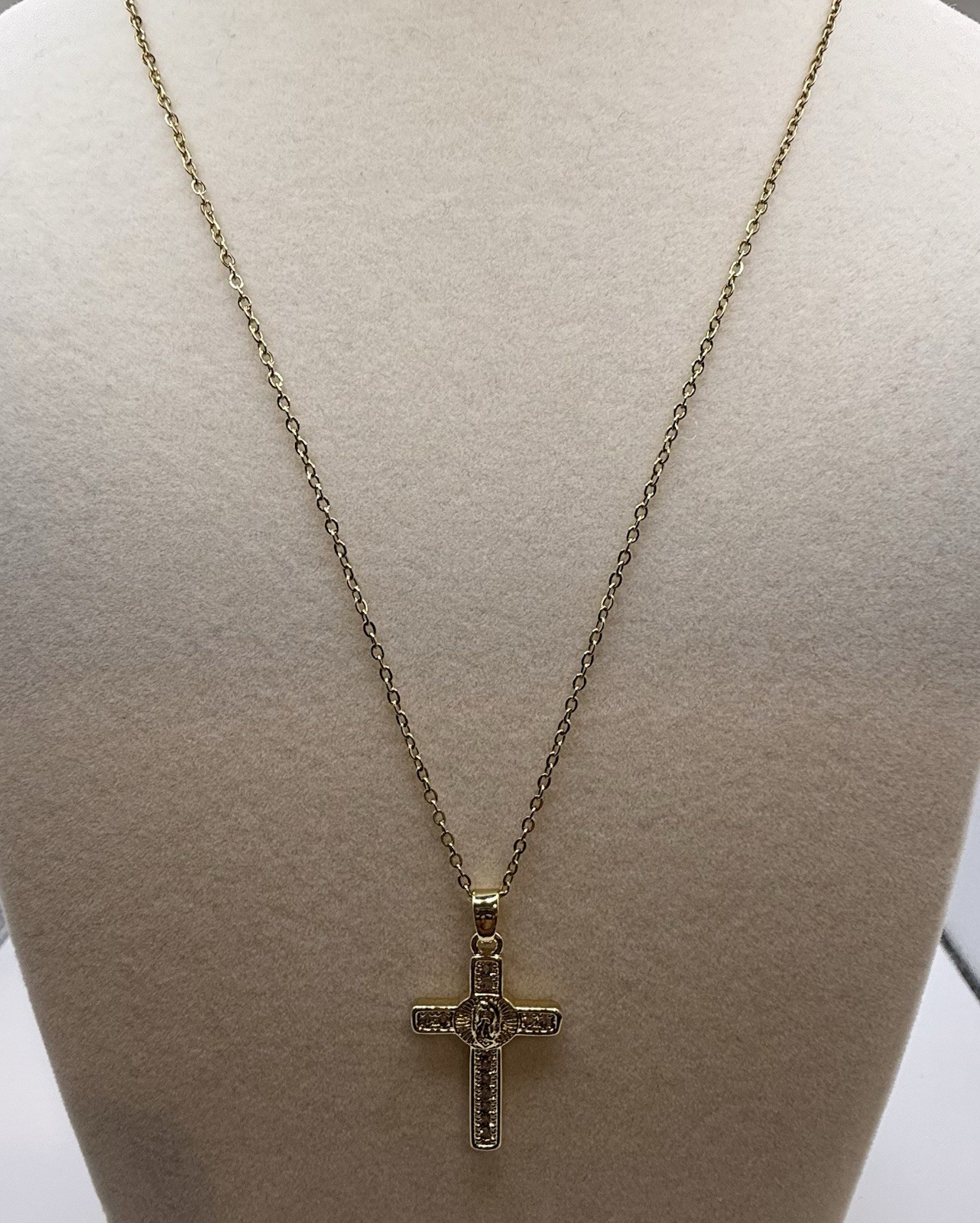 Gold Cross Charm Pendant Necklace, Clear Crystal Rhinestone, Cable Chain