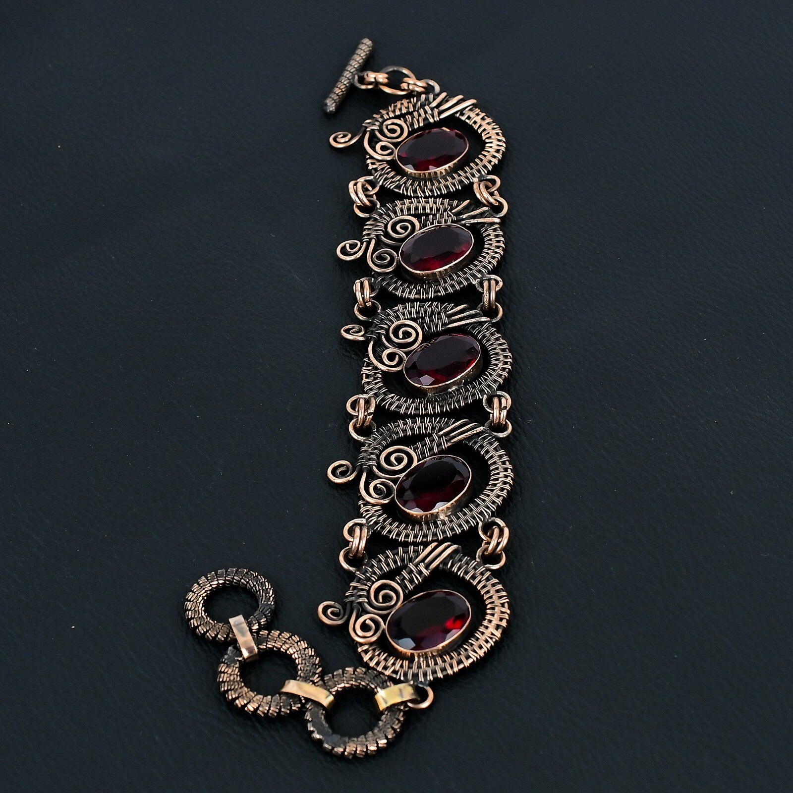 Beautiful Red Garnet Handmade Gemstone Copper Wire Wrapped Jewelry Bracelet